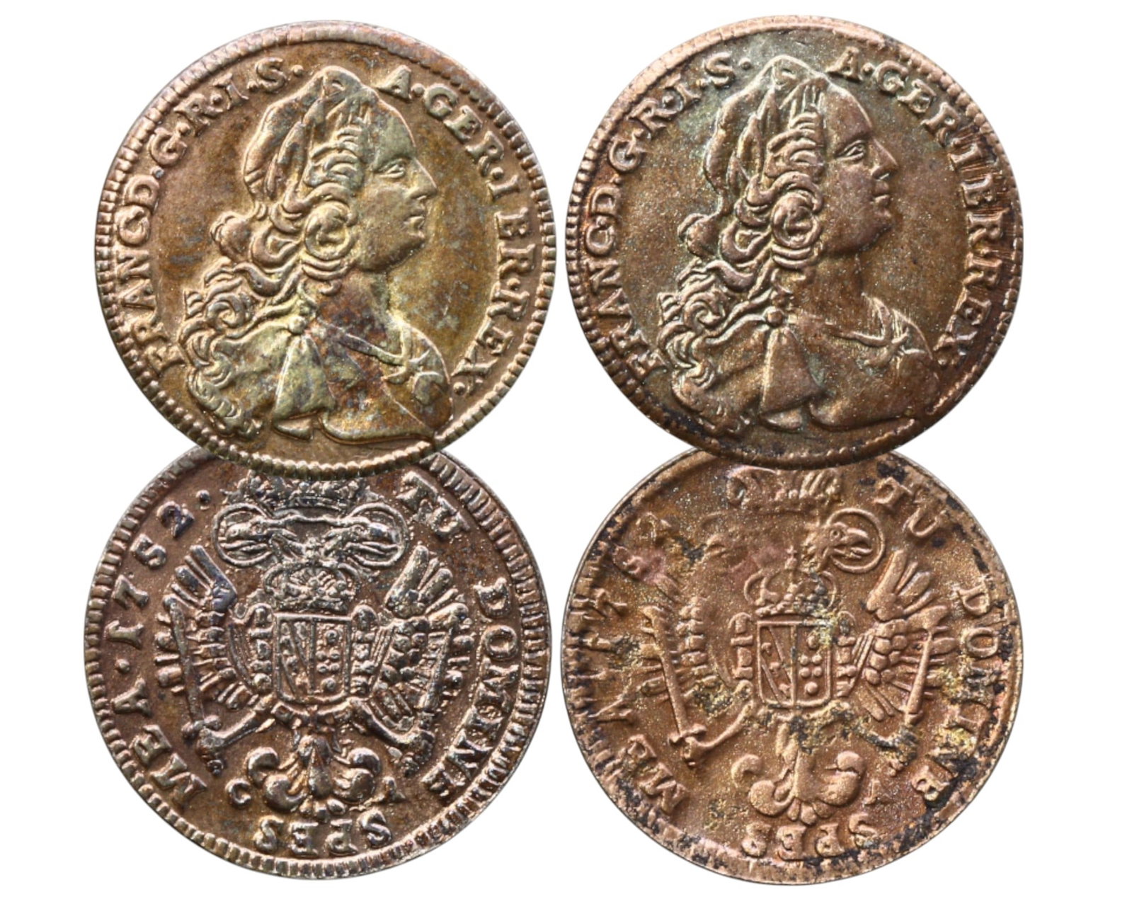 AUSTRIA: Lot of 2 Copper Jetons - Maria Theresa, 1752, Trade Reckoning Pieces: A pair of 18th-century copper jetons, each measuring 2cm in diameter and weighing a combined 4.6g. Featuring a right-facing bust of Empress Maria Theresa, adorned with elaborate curls, inscribed FRANC