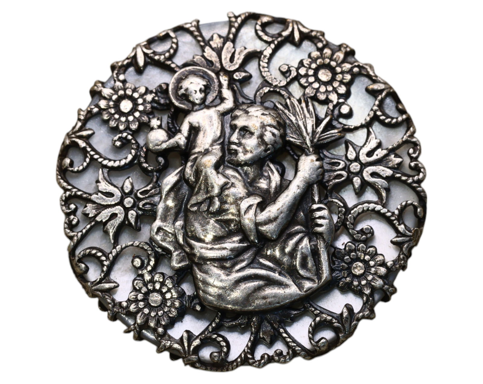 FRANCE: Ornate Mother-of-Pearl and Silver Filigree Religious Medal - 19th-20th Century (1 of 3)
