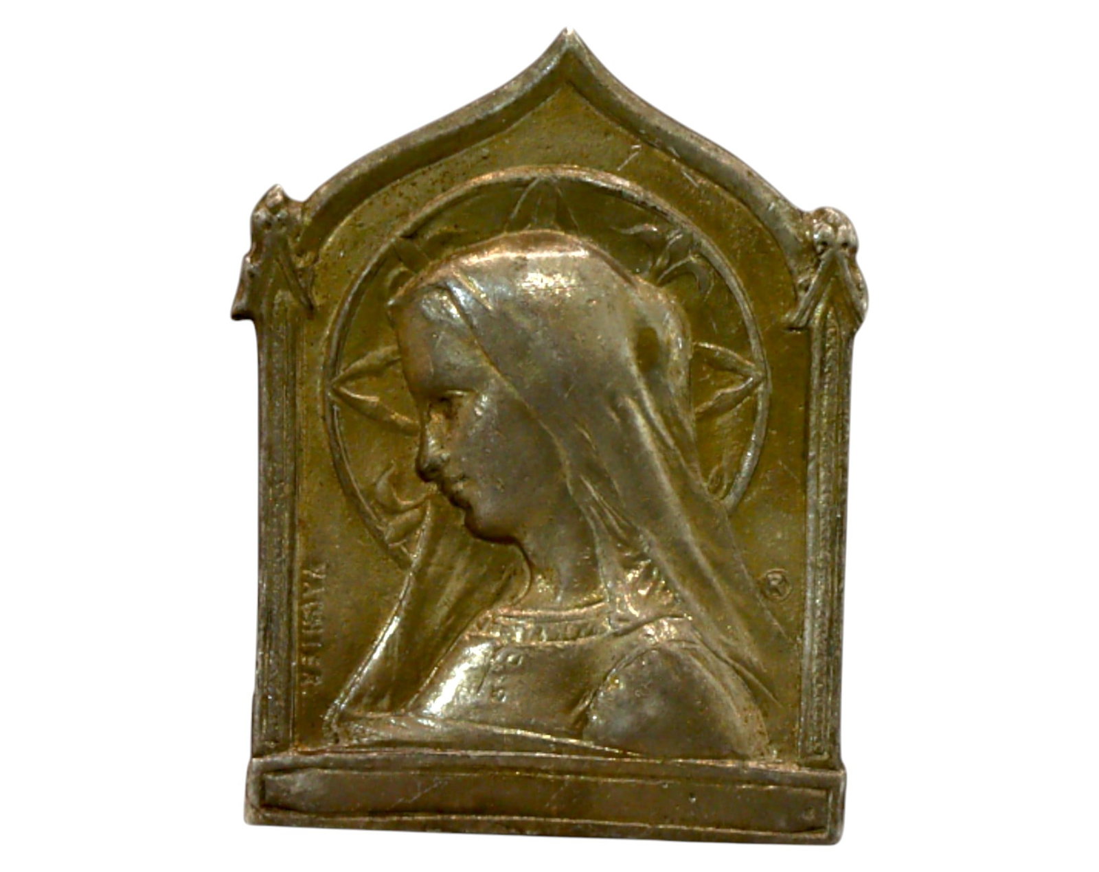 FRANCE: Art Nouveau Bronze Clip - Virgin Mary, Signed Kamsler, ca. 1900, 7.2g,  25x18mm (1 of 3)
