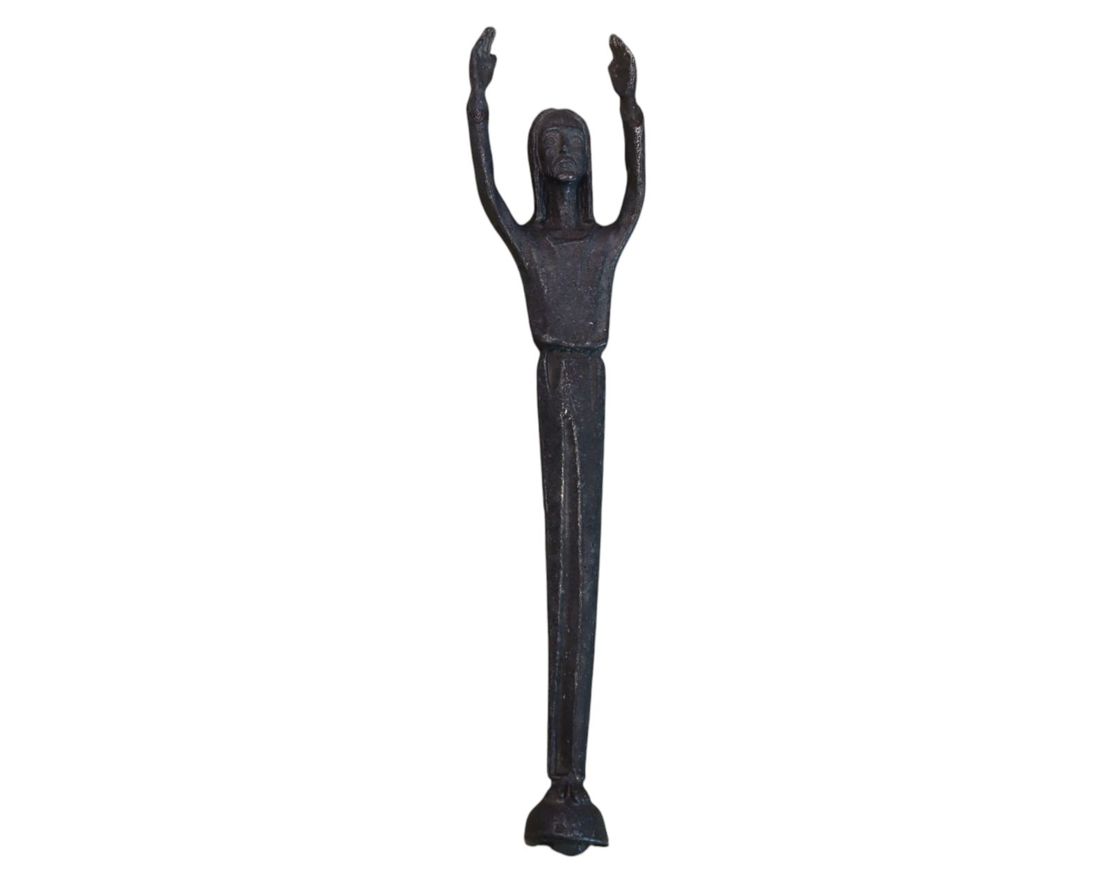 EUROPE: Pewter Christ Figure - Devotional Icon, 8.6cm, 19g: A slender and expressive pewter devotional figure, measuring 8.6cm in height and weighing 19g, depicting Christ with arms raised in a gesture of blessing or ascension. The elongated proportions and st