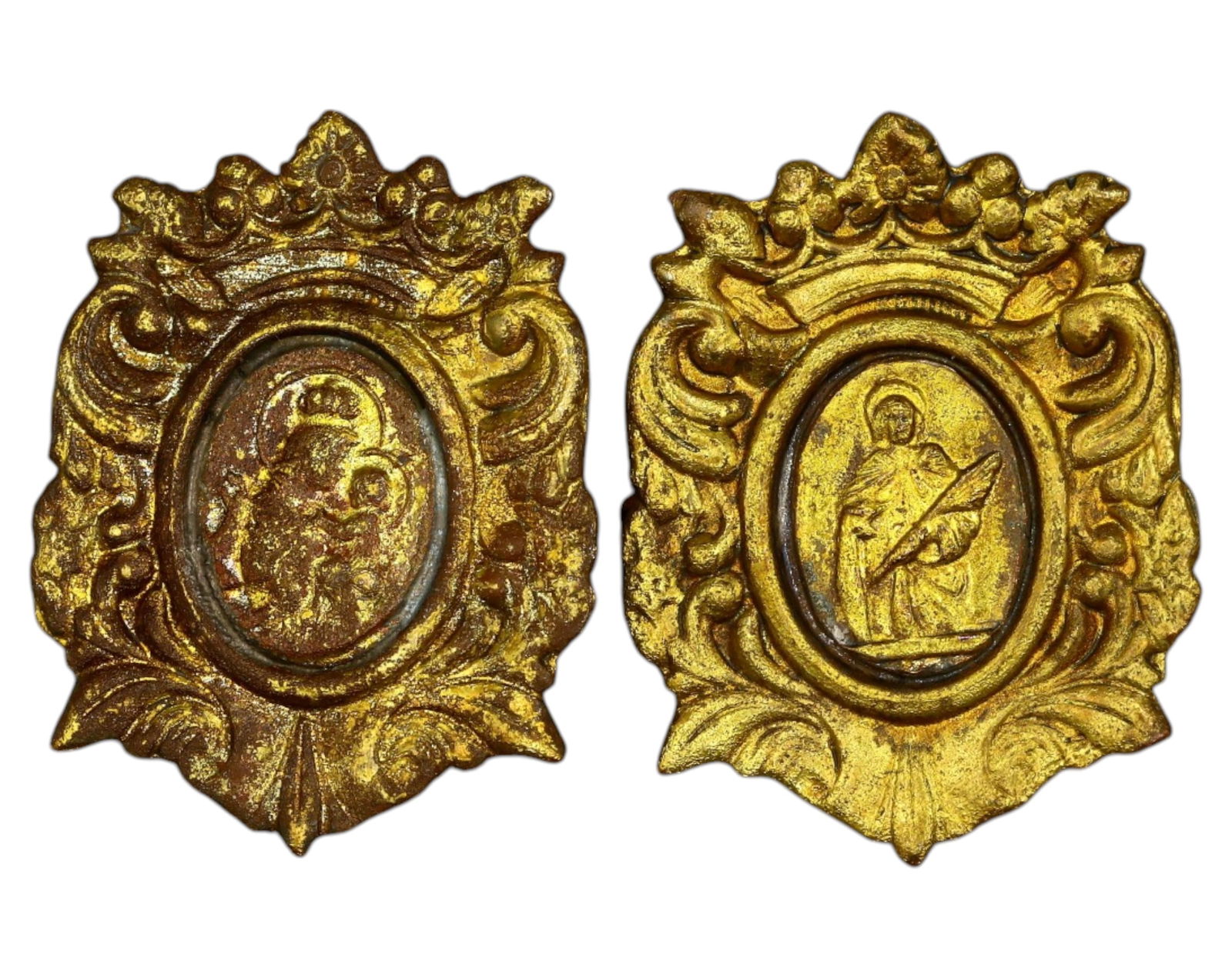 ITALY: Gilded Bronze Religious Pins - Madonna and Saint, 19th-20th Century (1 of 3)