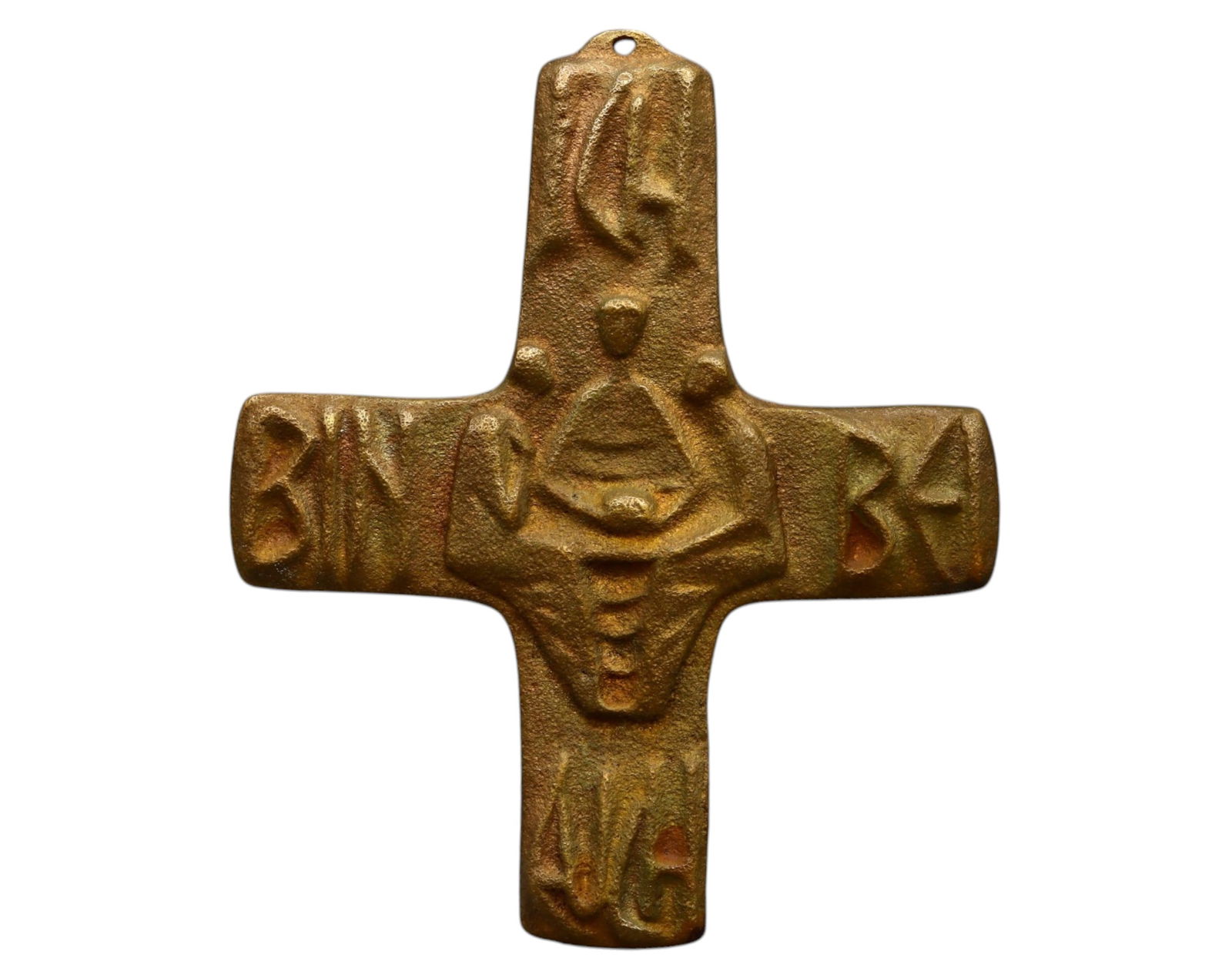 GERMANY: Bronze Cross Pendant - Stylized Christ Figure, Inscribed "BIN BEI," c. 14th-16th Century (1 of 3)