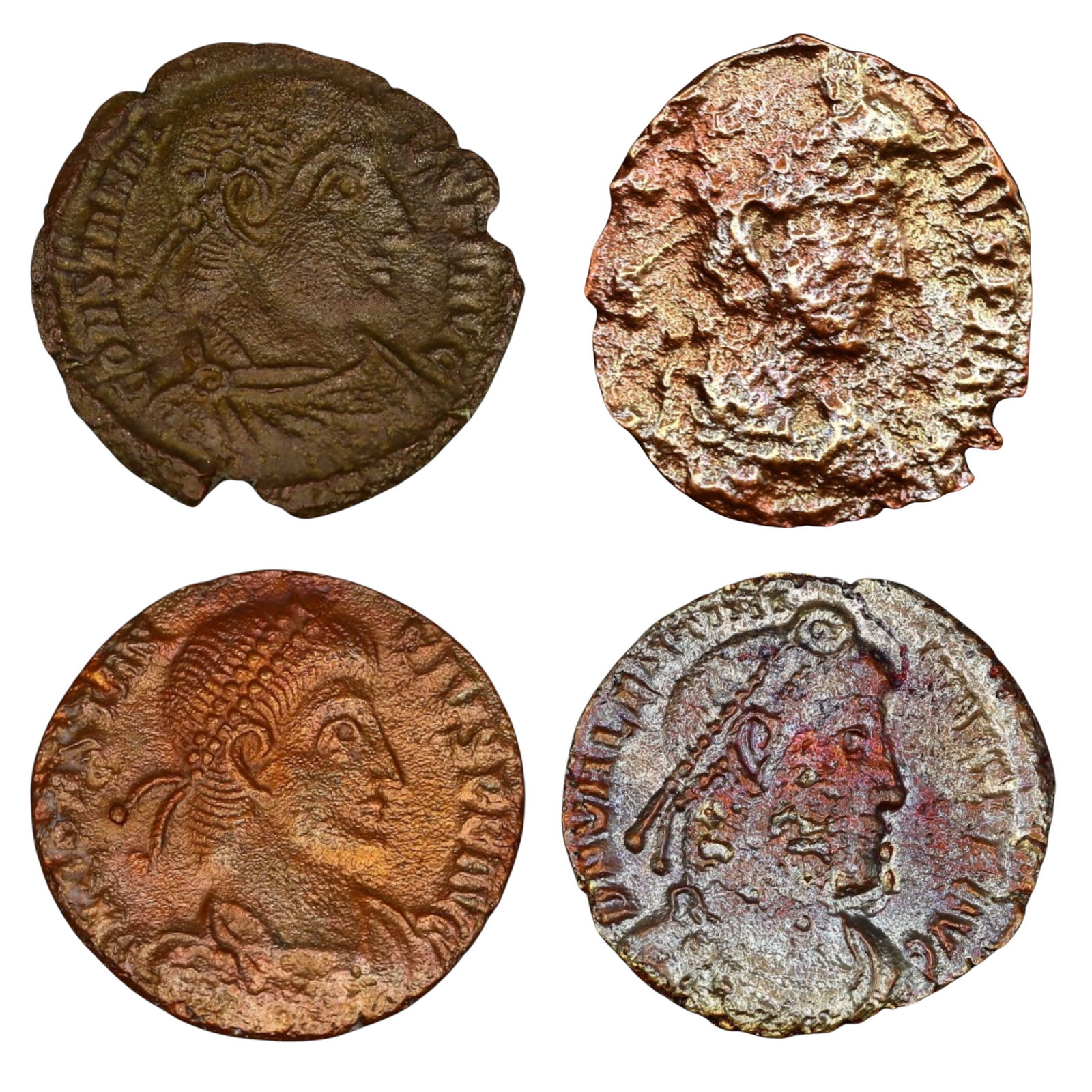 ROMAN EMPIRE: Lot of 4 Late Roman Bronze AE Coins 16-17mm, c. 3rd-5th Century AD: A mixed lot of four late Roman bronze AE coins, representing the turbulent era of the later empire. These coins likely feature emperors from the 3rd to 5th centuries AD, a period marked by military cr