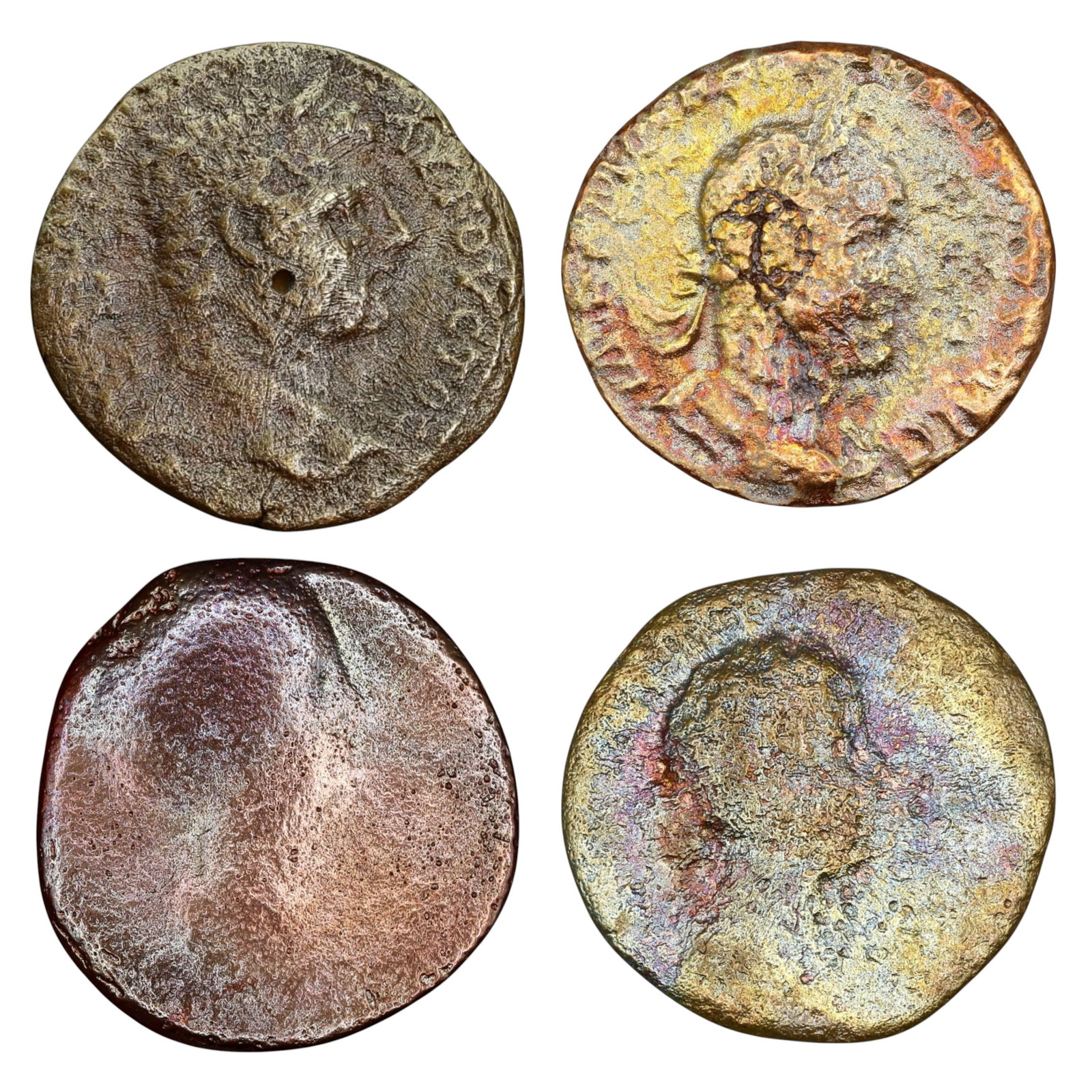 ROMAN EMPIRE: Lot of 4 AE Coins - Various Emperors, 22-26mm: A diverse selection of four bronze coins from the Roman Empire, each showcasing different rulers and designs from antiquity. Despite circulation wear, traces of imperial portraits and inscriptions rem