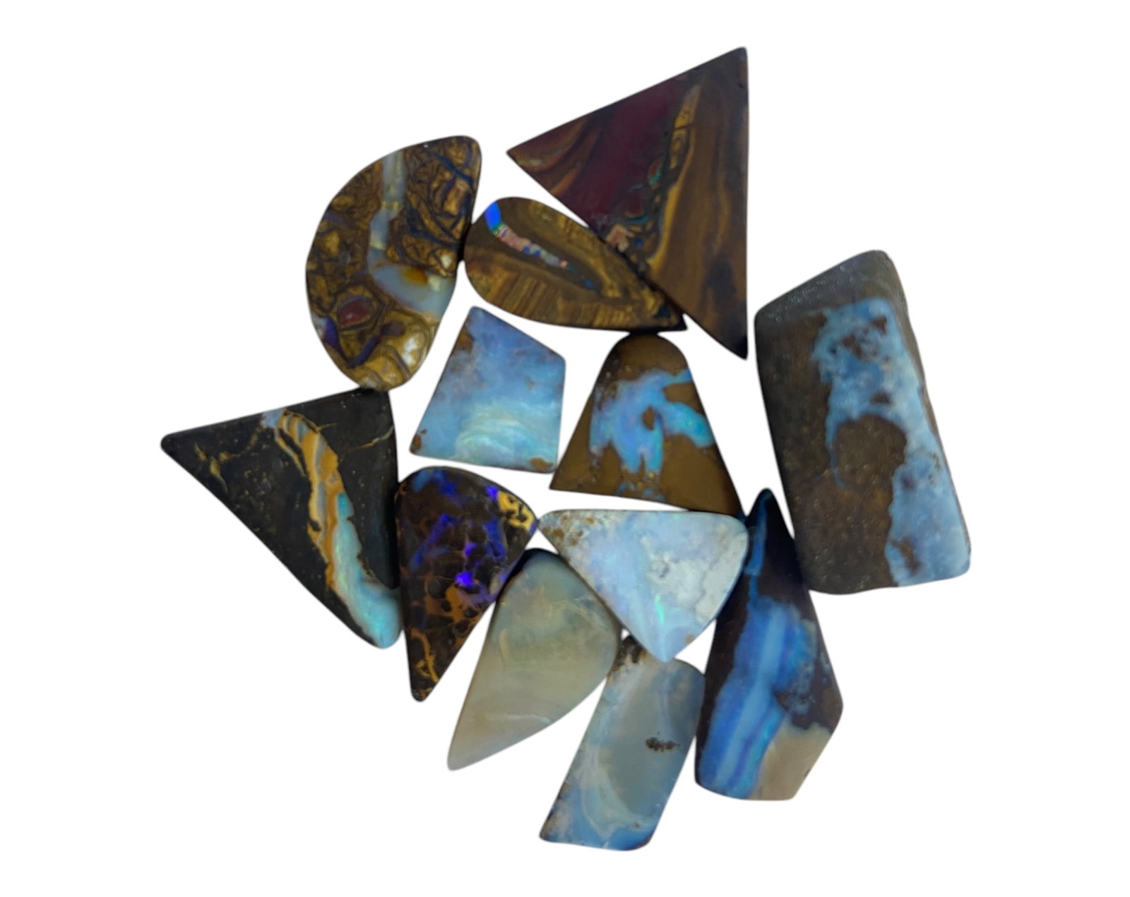 AUSTRALIAN MATRIX BOULDER OPAL - Preform Rough Lot, 12 Pieces, 15.8g, 10.2-18.6mm (Images Taken Wet): A dazzling lot of preform Australian matrix boulder opals, with individual sizes. These opals have been rubbed and pre-shaped, highlighting their vibrant natural colors and intricate ironstone matrix 