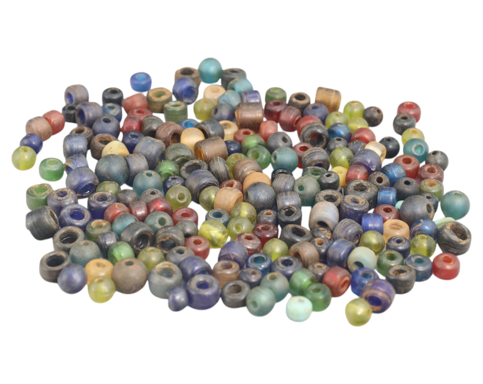 Collection of Vintage Art Glass Beads - Antique & Handmade, 153g: A captivating assortment of vintage and antique art glass beads, showcasing masterful craftsmanship and unique design elements. These handcrafted beads exhibit intricate detailing, applied textures, a