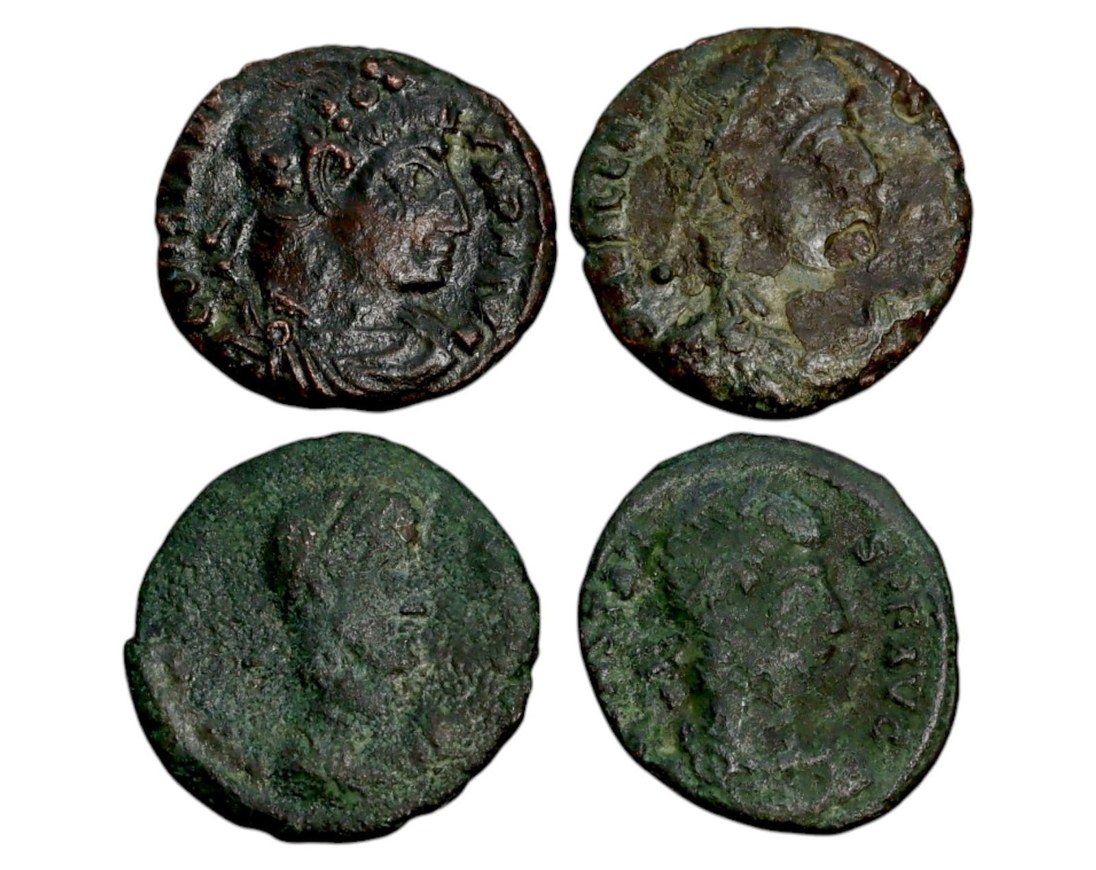 ROMAN EMPIRE: AE Coins - Bronze Coins, 14-15mm, 5.8g (Lot of 4): A collection of four ancient Roman bronze coins, each featuring a distinct imperial portrait on the obverse and various symbolic or military-themed reverses. These coins, essential to Roman commerce a