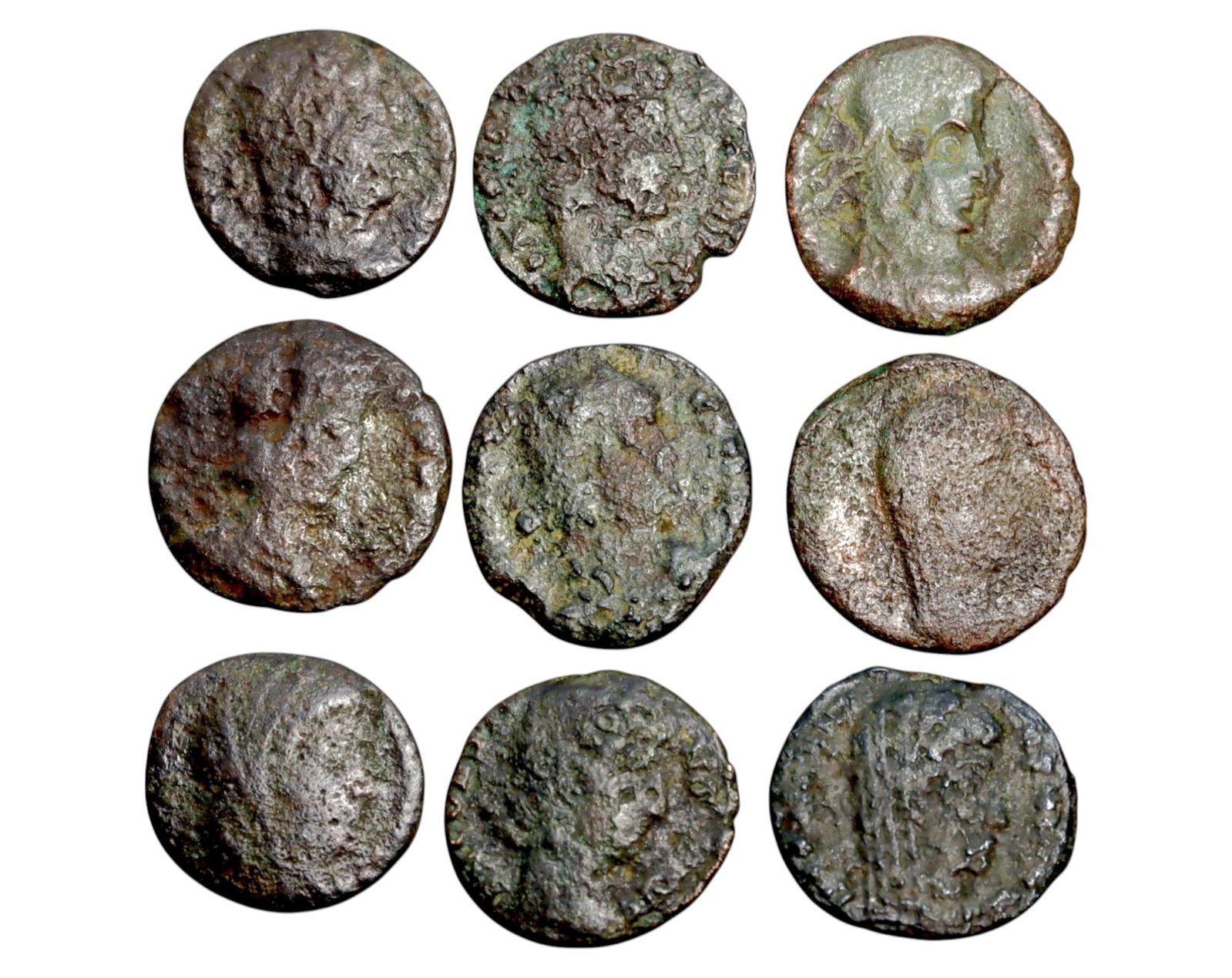 ROMAN EMPIRE: AE Coins - Bronze Coins, 13-15mm, 11.1g (Lot of 9): A collection of ancient Roman bronze coins, each featuring a distinct imperial portrait on the obverse and various symbolic or military-themed reverses. These coins, essential to Roman commerce and go