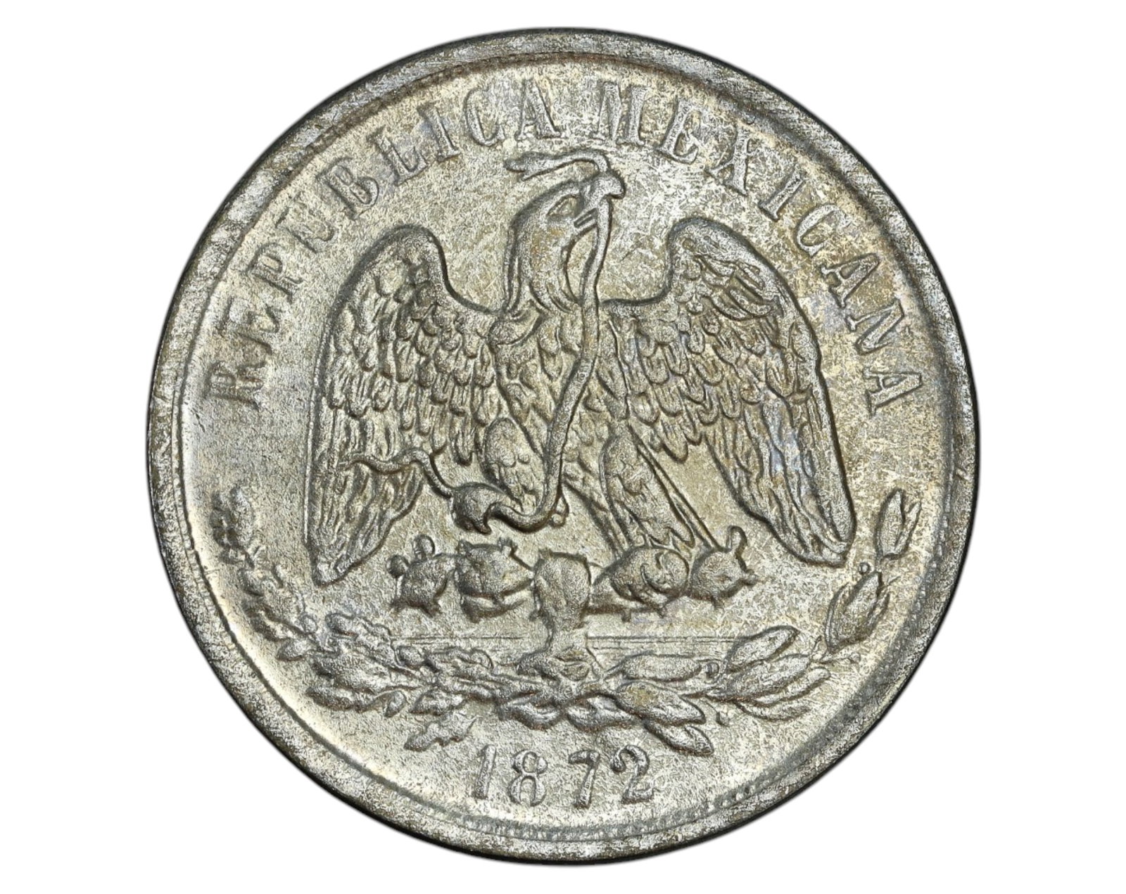 MEXICO: 8 Reales Coin - Silver, 1872, Mexico Mint (M M), .9027 Fine: A Mexican 8 Reales Coin silver coin from 1872, struck at the Mexico City Mint (M???M) with a fineness of .9027 silver, measuring 3.8 cm in diameter and weighing 25.7g. The obverse features the classic