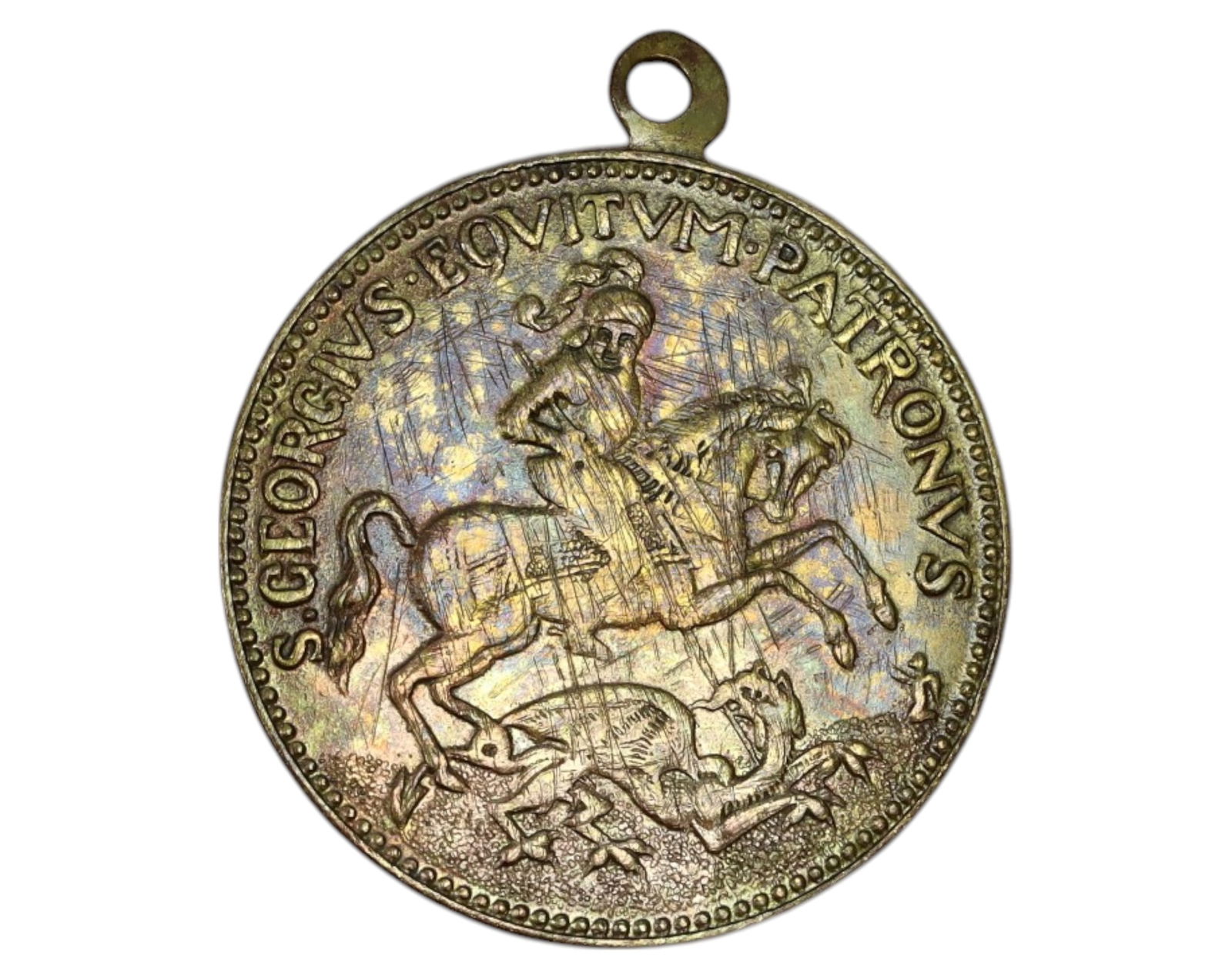 EUROPE: Saint George & "IN TEMPESTATE SECURITAS" Medal - Brass, 2.5x2.9cm, 3.5g, 18th-19th Century: A finely crafted Saint George devotional medal, struck in brass, measuring 2.5 x 2.9 cm and weighing 3.5g. The obverse presents Saint George slaying the dragon, a timeless representation of good trium