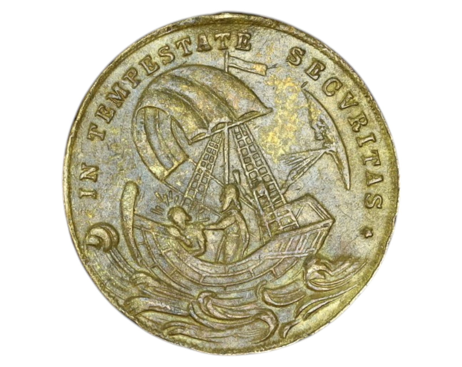 EUROPE: Saint George & "IN TEMPESTATE SECURITAS" Medal - Brass, 2cm, 2.6g, 18th-19th Century: A small yet finely detailed Saint George devotional medal, struck in brass, measuring 2 cm in diameter and weighing 2.6g. The obverse depicts Saint George slaying the dragon, a traditional symbol of C