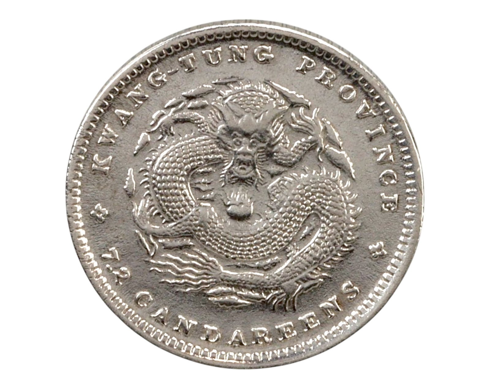 CHINA: Kwangtung Province - 7.2 Candareens (10 Cents Coin), Guangxu Era, Silver Coin: A 7.2 Candareens (10 Cents Coin) silver coin minted in Kwangtung Province during the reign of the Guangxu Emperor (1875-1908). The obverse features a finely detailed imperial dragon, a traditional Qin
