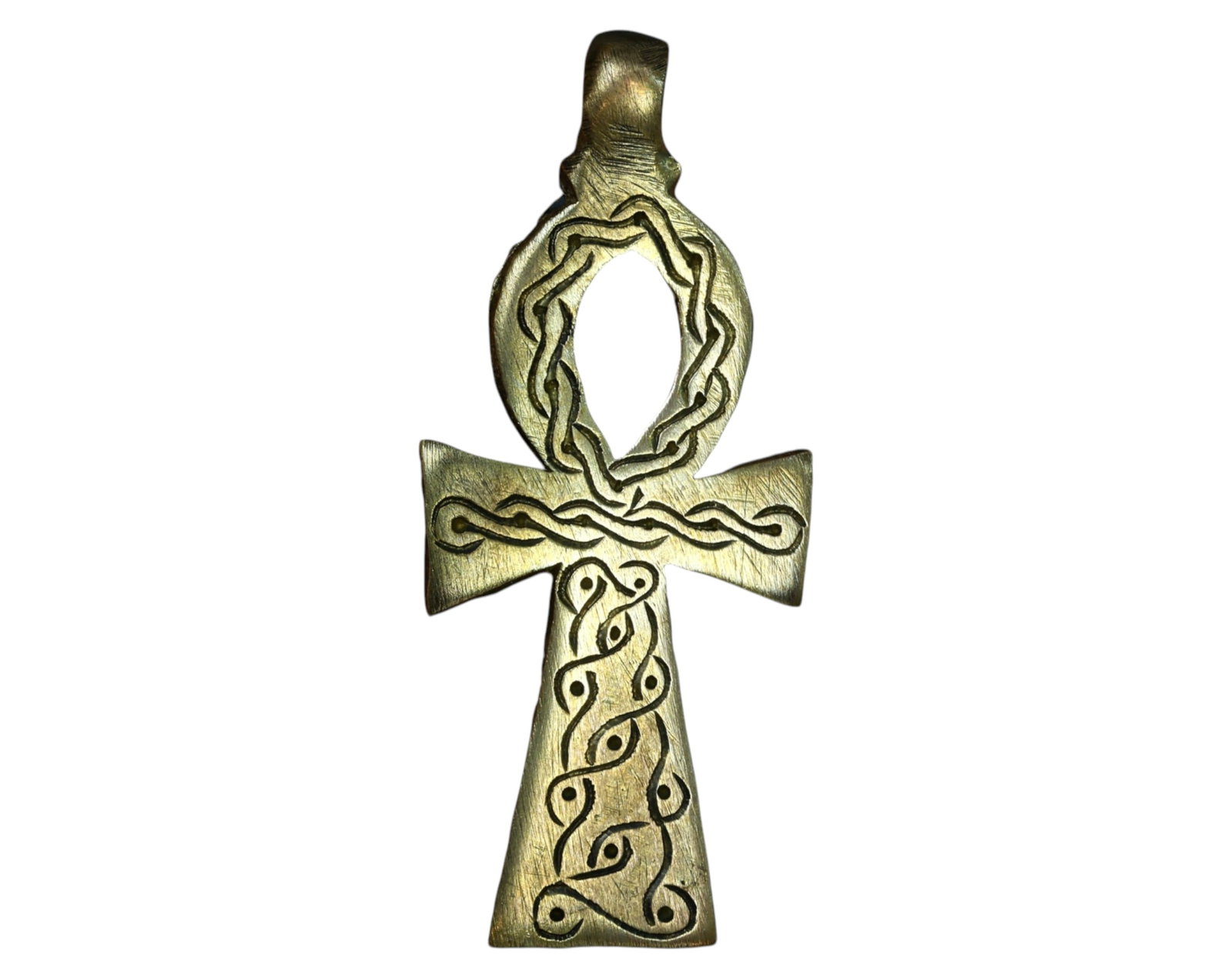 ETHIOPIA: Ethiopian Ankh Cross Pendant - Bronze, Mid-20th Century: A finely crafted Ethiopian ankh cross pendant, cast in bronze, measuring 2.6 x 6.1 cm and weighing 16.1g. This vintage piece features intricate engraved patterns, including intertwining vine-like moti