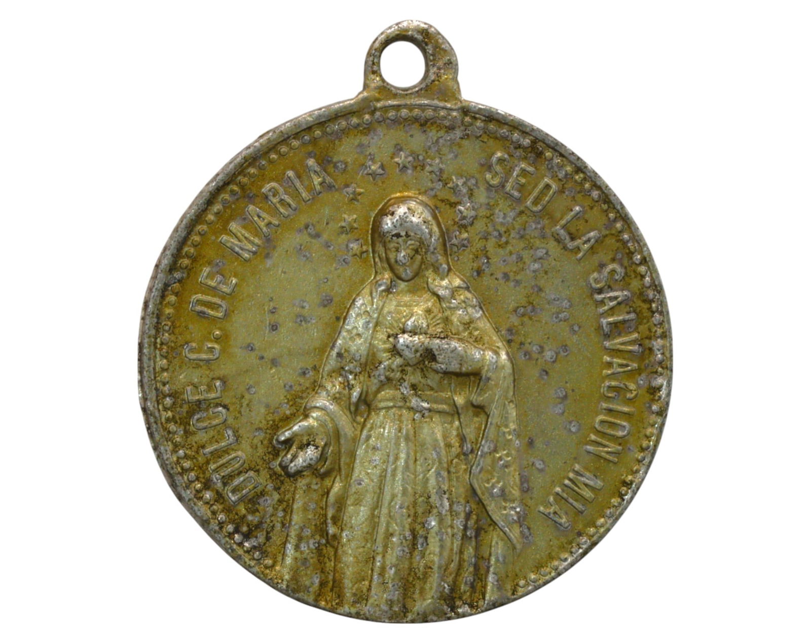 SPAIN: 1908 Inauguration Medal - Santuario del Corazon de Maria, Madrid: A historical aluminum medal commemorating the inauguration of the Sanctuary of the Sacred Heart of Mary in Madrid on October 1908. One side features a detailed depiction of the Virgin Mary holding the