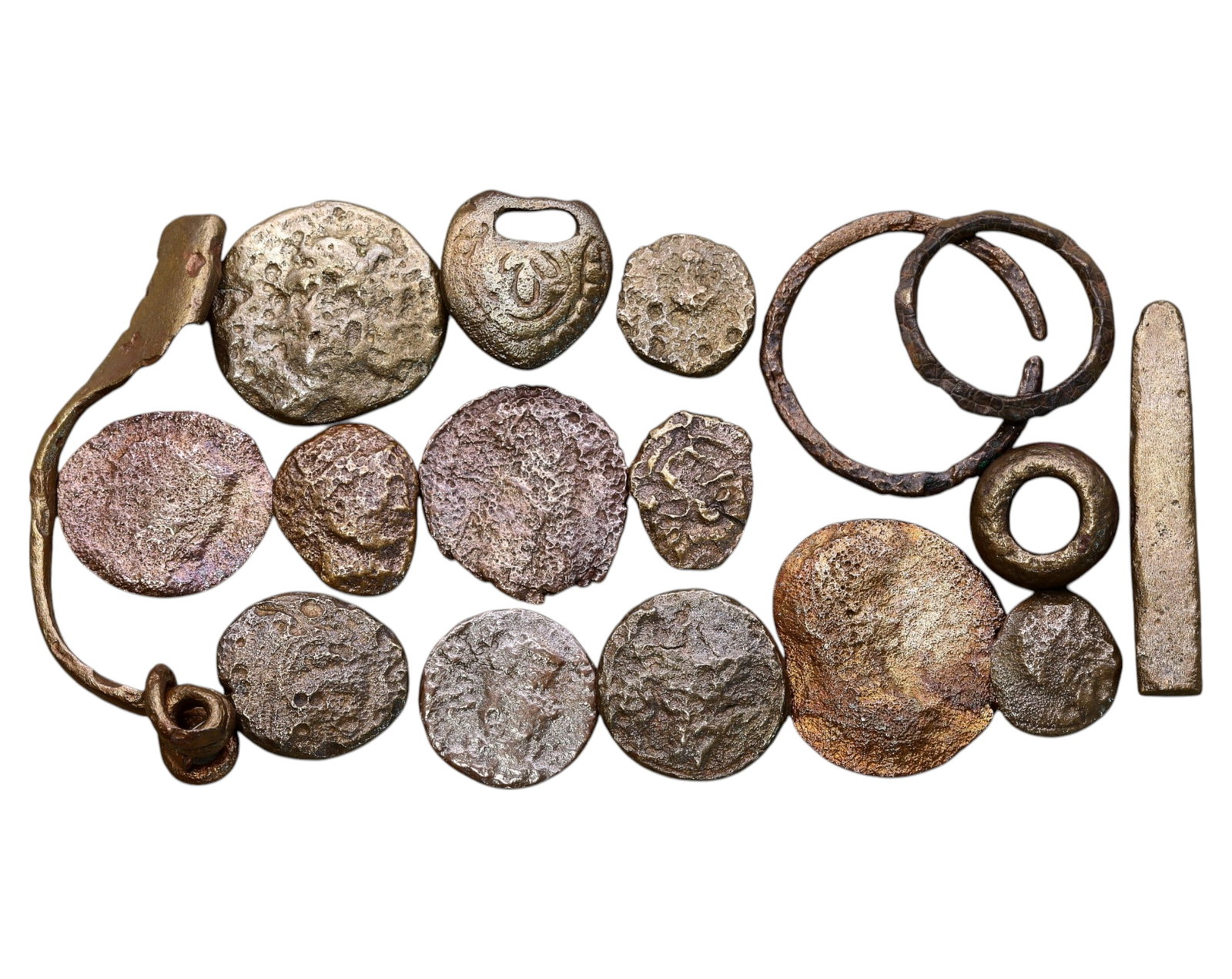ANCIENT EUROPE: Bronze & Iron Currency and Artifacts - 1st Millennium BC to AD: A substantial collection of 18 ancient bronze and iron artifacts, ranging from 1.3 cm to 5.1 cm in size and totaling 54 grams in weight. This intriguing assemblage includes multiple proto-money discs,