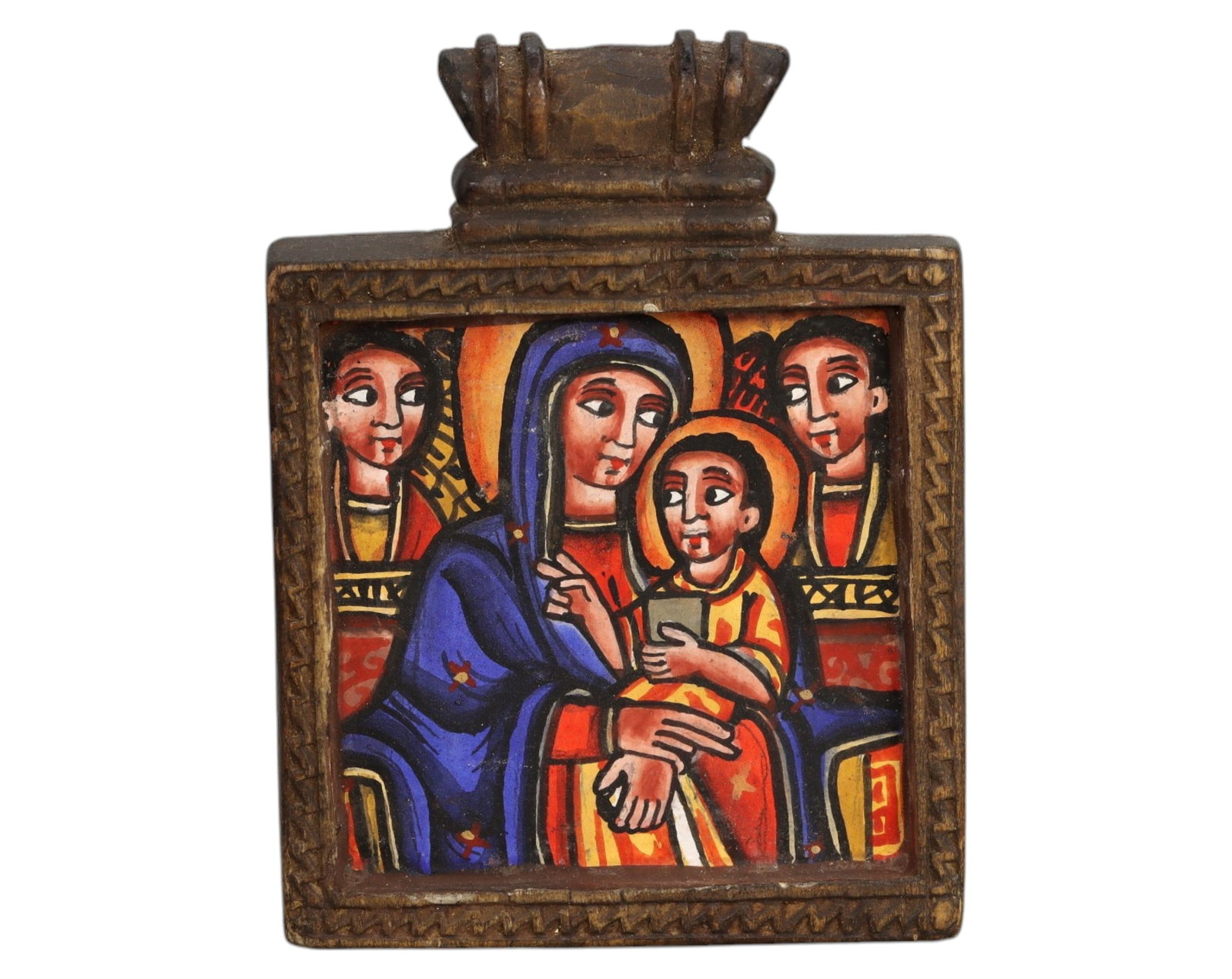 ETHIOPIA: Hand-Painted Diptych Icon - Wood & Pigment, 8.3x6.4cm, 22g: A striking Ethiopian Orthodox diptych icon, skillfully hand-painted and encased in a finely carved wooden frame. One panel depicts the Virgin Mary tenderly holding the Christ Child, accompanied by sai