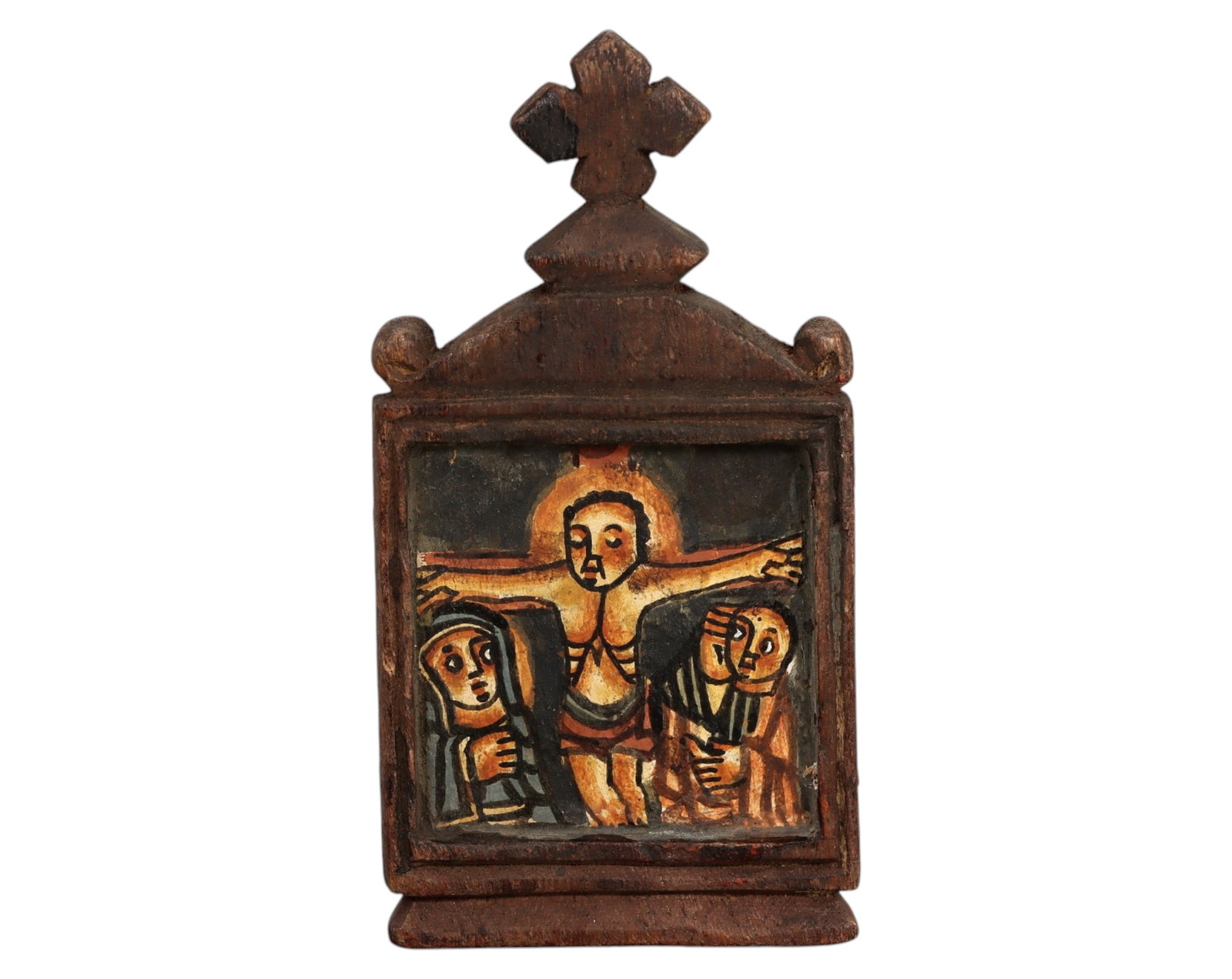 ETHIOPIA: Hand-Painted Diptych Icon - Wood & Pigment, 10x5.1cm, 12g: A beautifully crafted Ethiopian diptych icon, featuring hand-painted religious scenes in traditional Ethiopian Orthodox style. Encased in a rustic wooden frame topped with a cross, the panels depict C