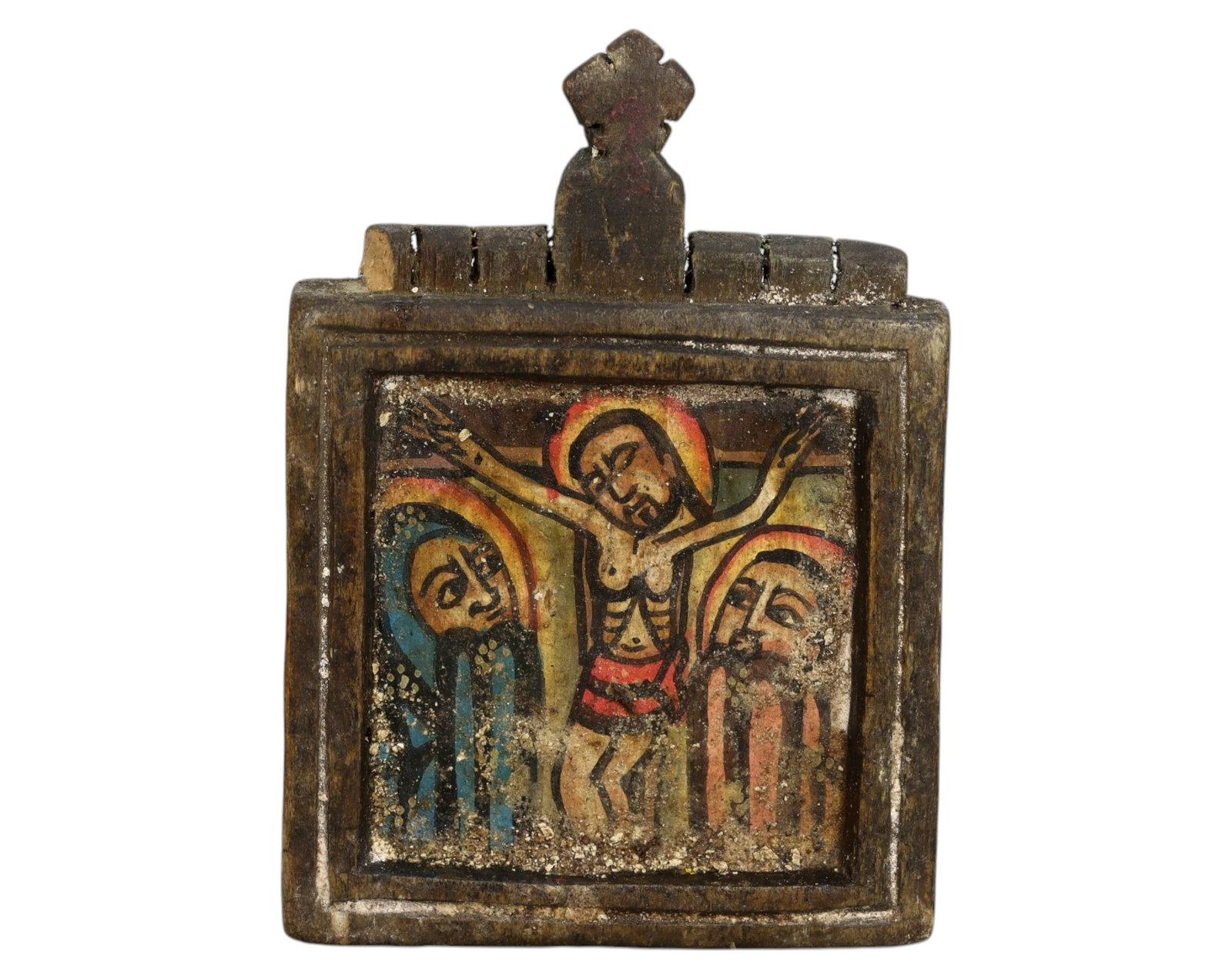 ETHIOPIA: Hand-Painted Diptych Icon - Wood & Pigment, 9.2x6.5cm, 18g: A finely crafted Ethiopian Orthodox diptych icon, featuring traditional hand-painted biblical scenes within a hinged wooden frame. One side depicts the crucifixion of Christ, while the other presents 
