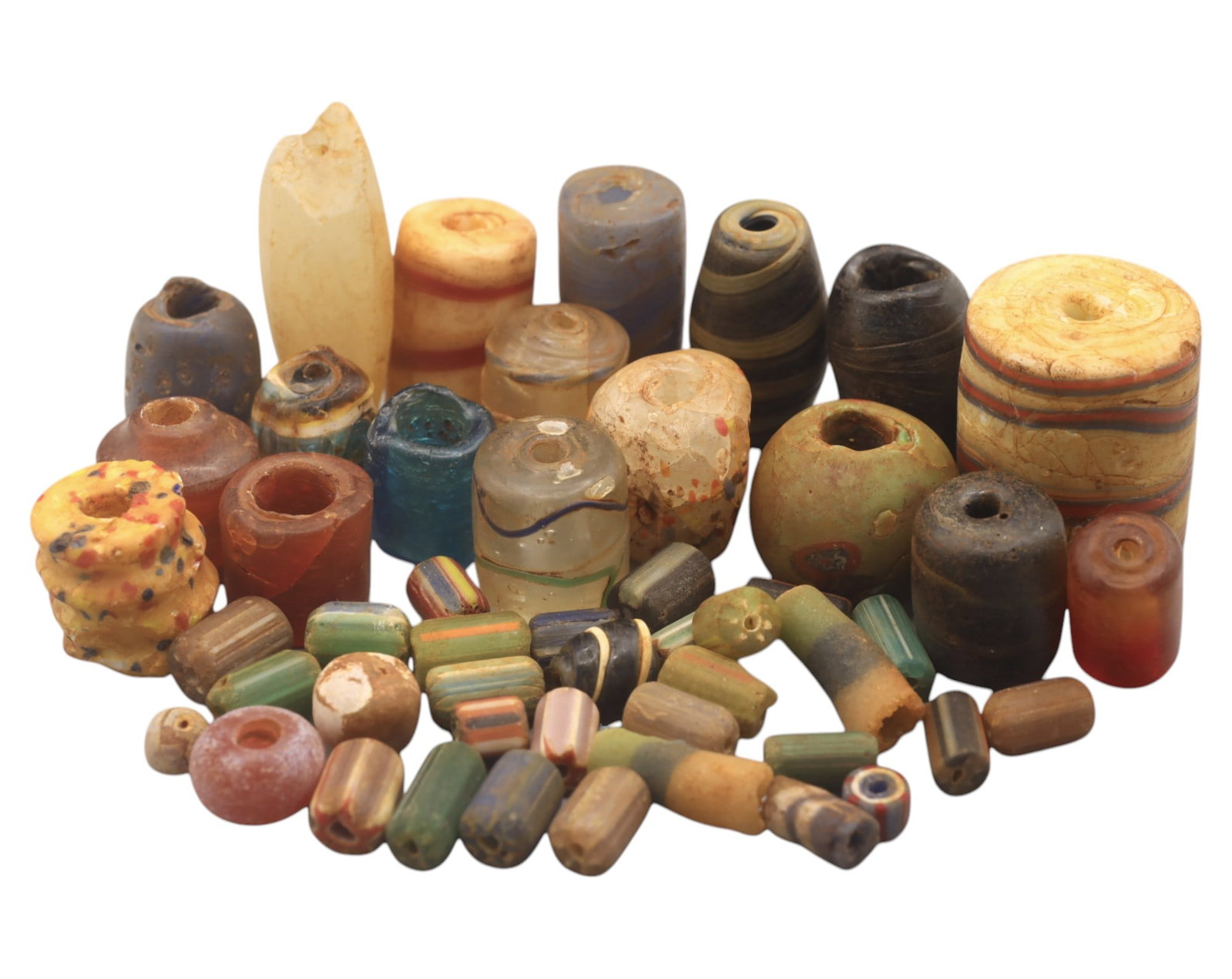 Collection of Vintage Art Glass Beads - Antique & Handmade, 10-36mm, 166g: A captivating assortment of vintage and antique art glass beads, showcasing masterful craftsmanship and unique design elements. These handcrafted beads exhibit intricate detailing, applied textures, a