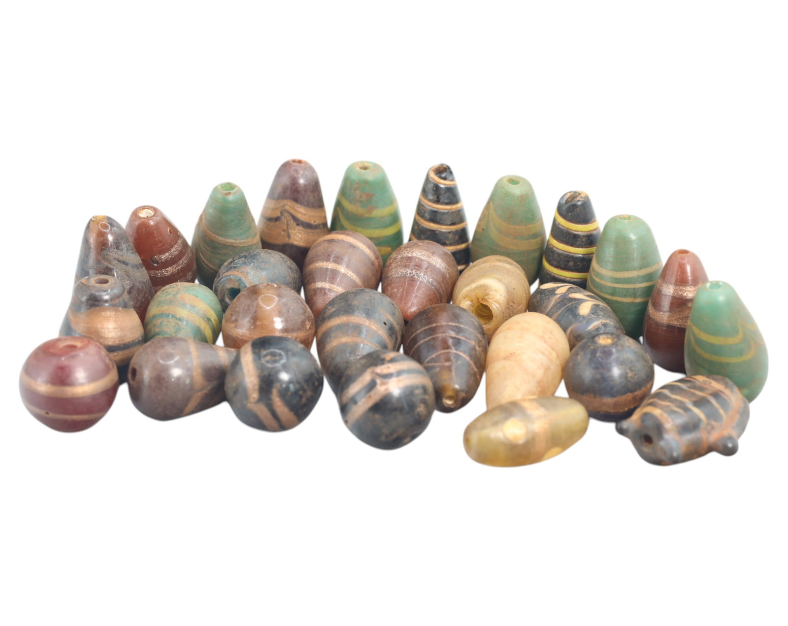 Collection of Vintage Art Glass Beads - Antique & Handmade, 187g: A captivating assortment of vintage and antique art glass beads, showcasing masterful craftsmanship and unique design elements. These handcrafted beads exhibit intricate detailing, applied textures, a