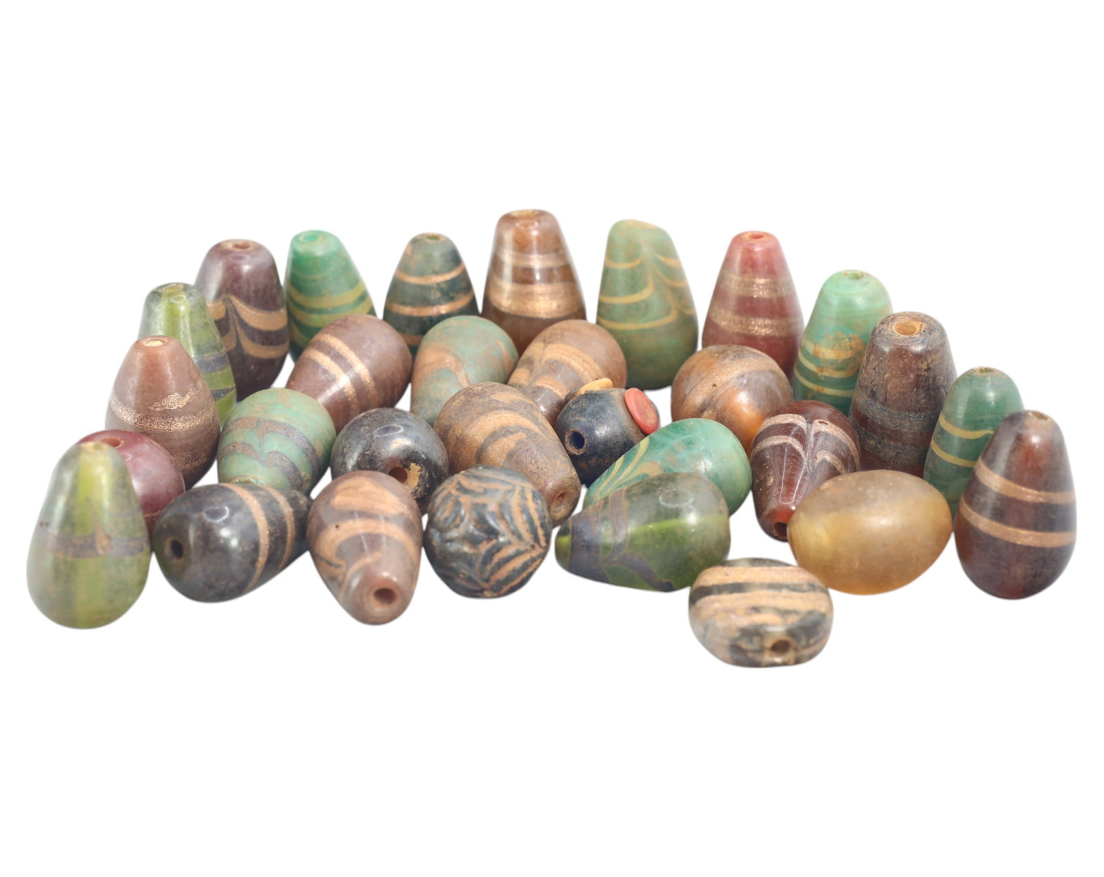 Collection of Vintage Art Glass Beads - Antique & Handmade, 206g: A captivating assortment of vintage and antique art glass beads, showcasing masterful craftsmanship and unique design elements. These handcrafted beads exhibit intricate detailing, applied textures, a