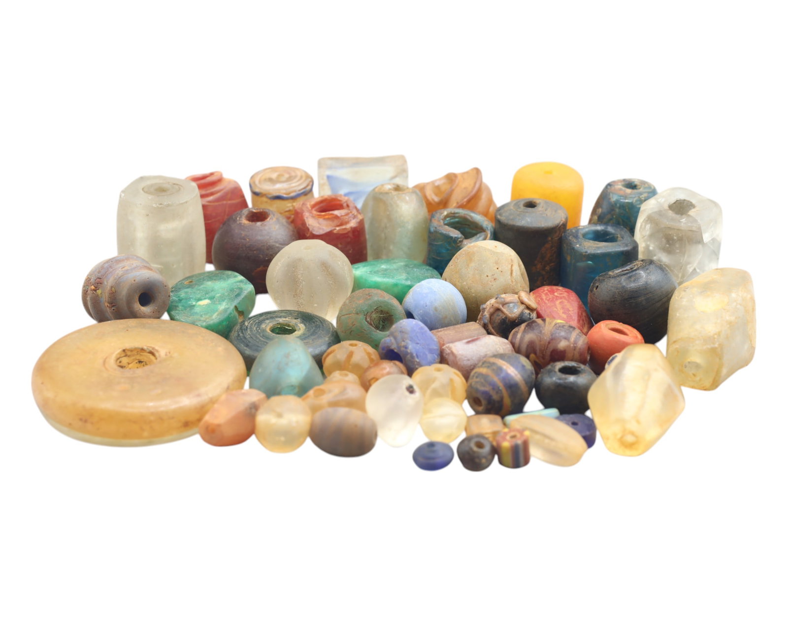 Collection of Vintage Art Glass Beads - Antique & Handmade, 5-40mm, 207g: A captivating assortment of vintage and antique art glass beads, showcasing masterful craftsmanship and unique design elements. These handcrafted beads exhibit intricate detailing, applied textures, a