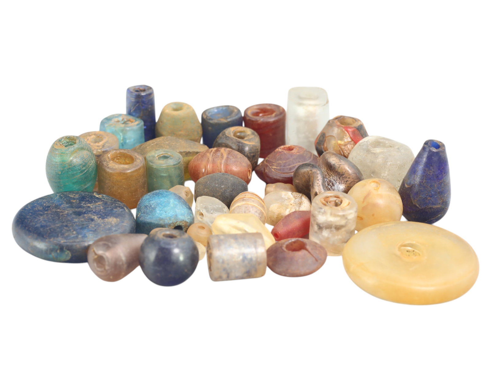 Collection of Vintage Art Glass Beads - Antique & Handmade, 197g: A captivating assortment of vintage and antique art glass beads, showcasing masterful craftsmanship and unique design elements. These handcrafted beads exhibit intricate detailing, applied textures, a
