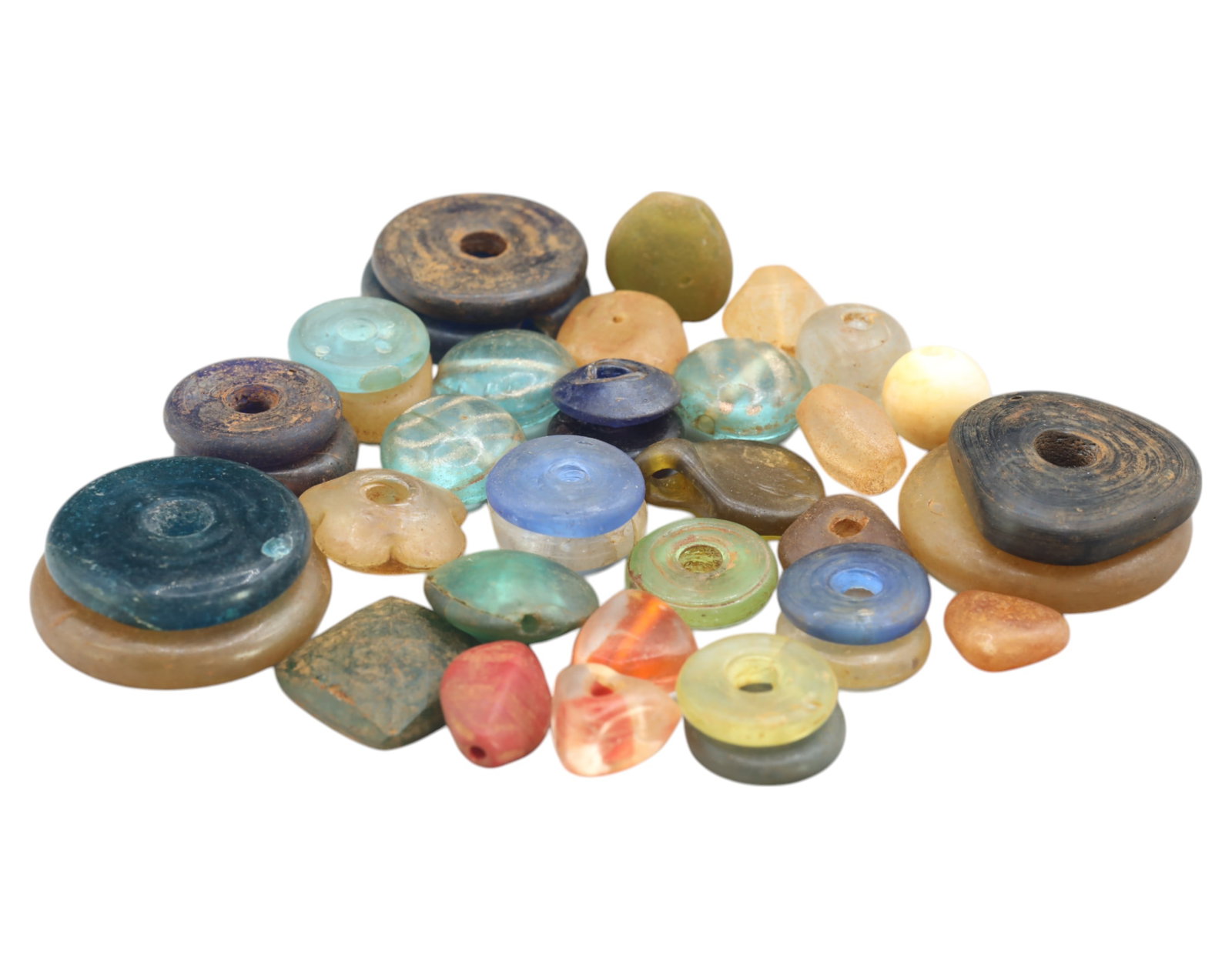 Collection of Vintage Art Glass Beads - Antique & Handmade, 222g: A captivating assortment of vintage and antique art glass beads, showcasing masterful craftsmanship and unique design elements. These handcrafted beads exhibit intricate detailing, applied textures, a
