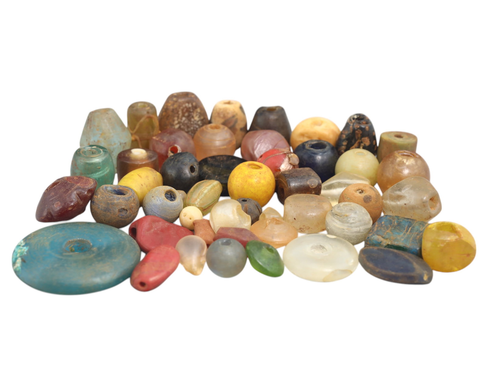 Collection of Vintage Art Glass Beads - Antique & Handmade, 204g: A captivating assortment of vintage and antique art glass beads, showcasing masterful craftsmanship and unique design elements. These handcrafted beads exhibit intricate detailing, applied textures, a