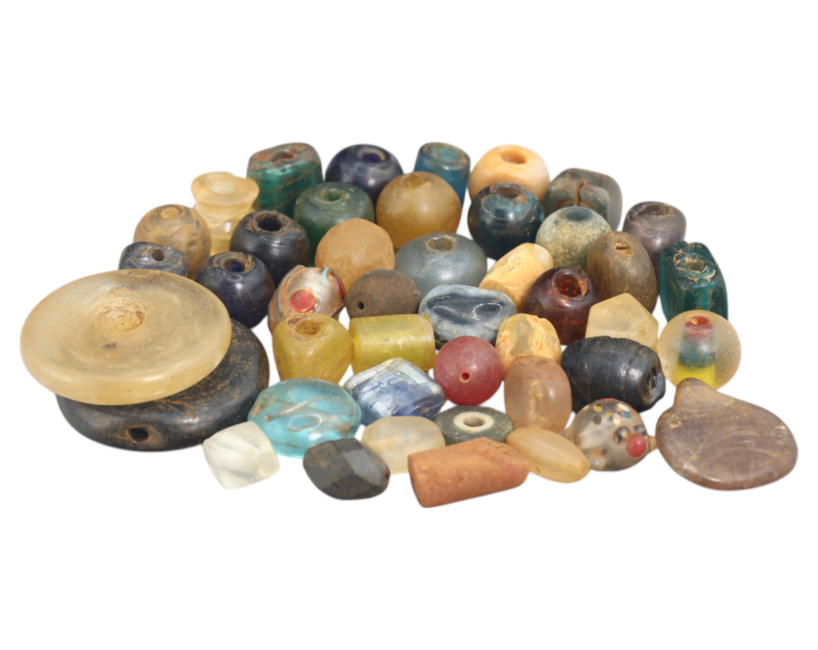 Collection of Vintage Art Glass Beads - Antique & Handmade, 209g: A captivating assortment of vintage and antique art glass beads, showcasing masterful craftsmanship and unique design elements. These handcrafted beads exhibit intricate detailing, applied textures, a