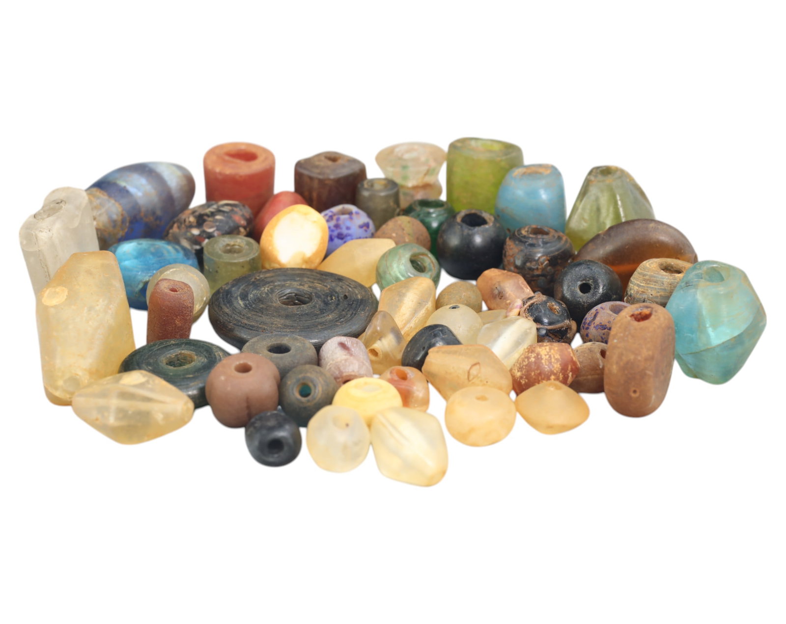 Collection of Vintage Art Glass Beads - Antique & Handmade, 213g: A captivating assortment of vintage and antique art glass beads, showcasing masterful craftsmanship and unique design elements. These handcrafted beads exhibit intricate detailing, applied textures, a
