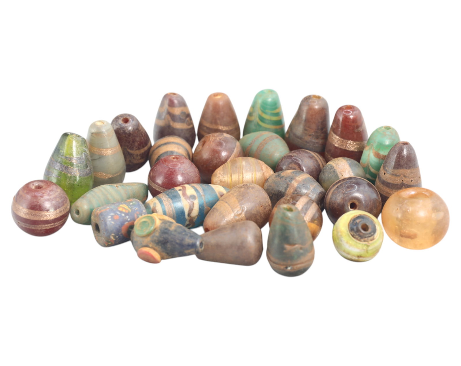 Collection of Vintage Art Glass Beads - Antique & Handmade, 197g: A captivating assortment of vintage and antique art glass beads, showcasing masterful craftsmanship and unique design elements. These handcrafted beads exhibit intricate detailing, applied textures, a