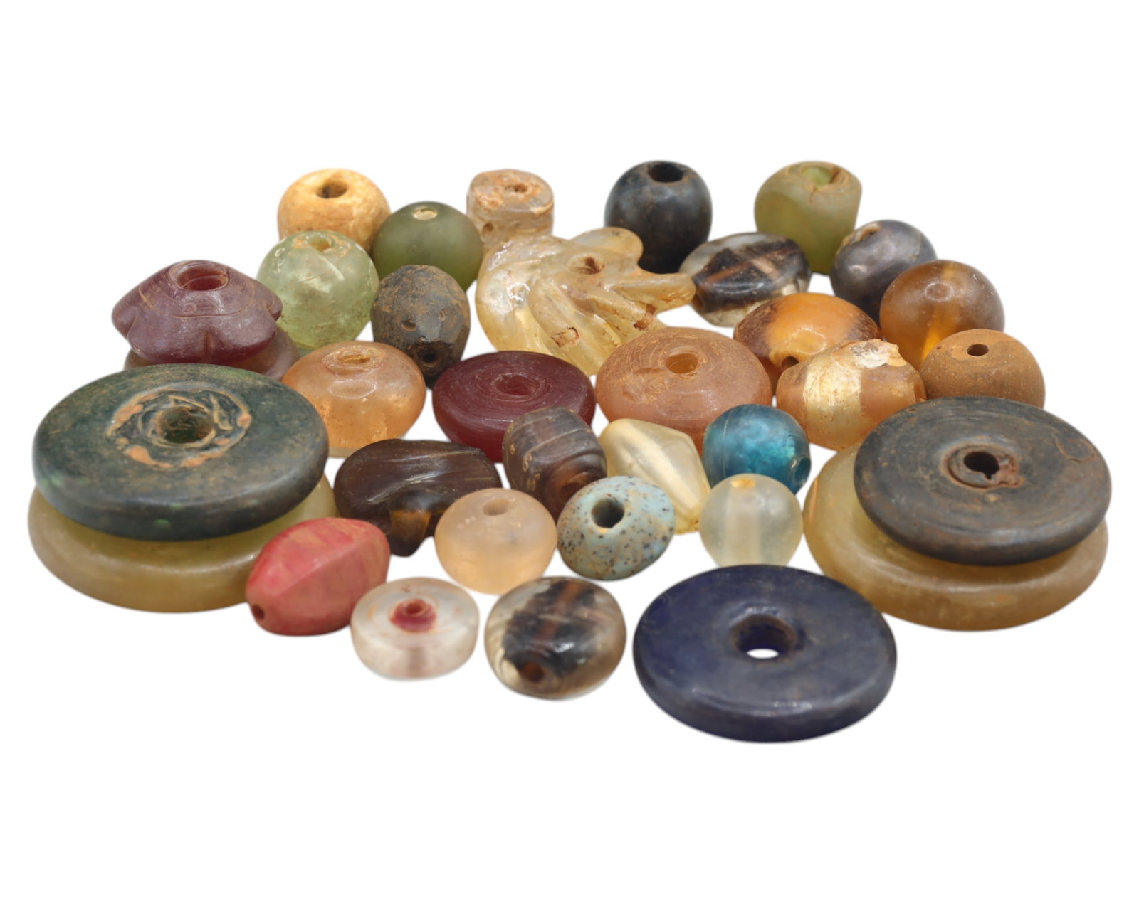 Collection of Vintage Art Glass Beads - Antique & Handmade, 214g: A captivating assortment of vintage and antique art glass beads, showcasing masterful craftsmanship and unique design elements. These handcrafted beads exhibit intricate detailing, applied textures, a