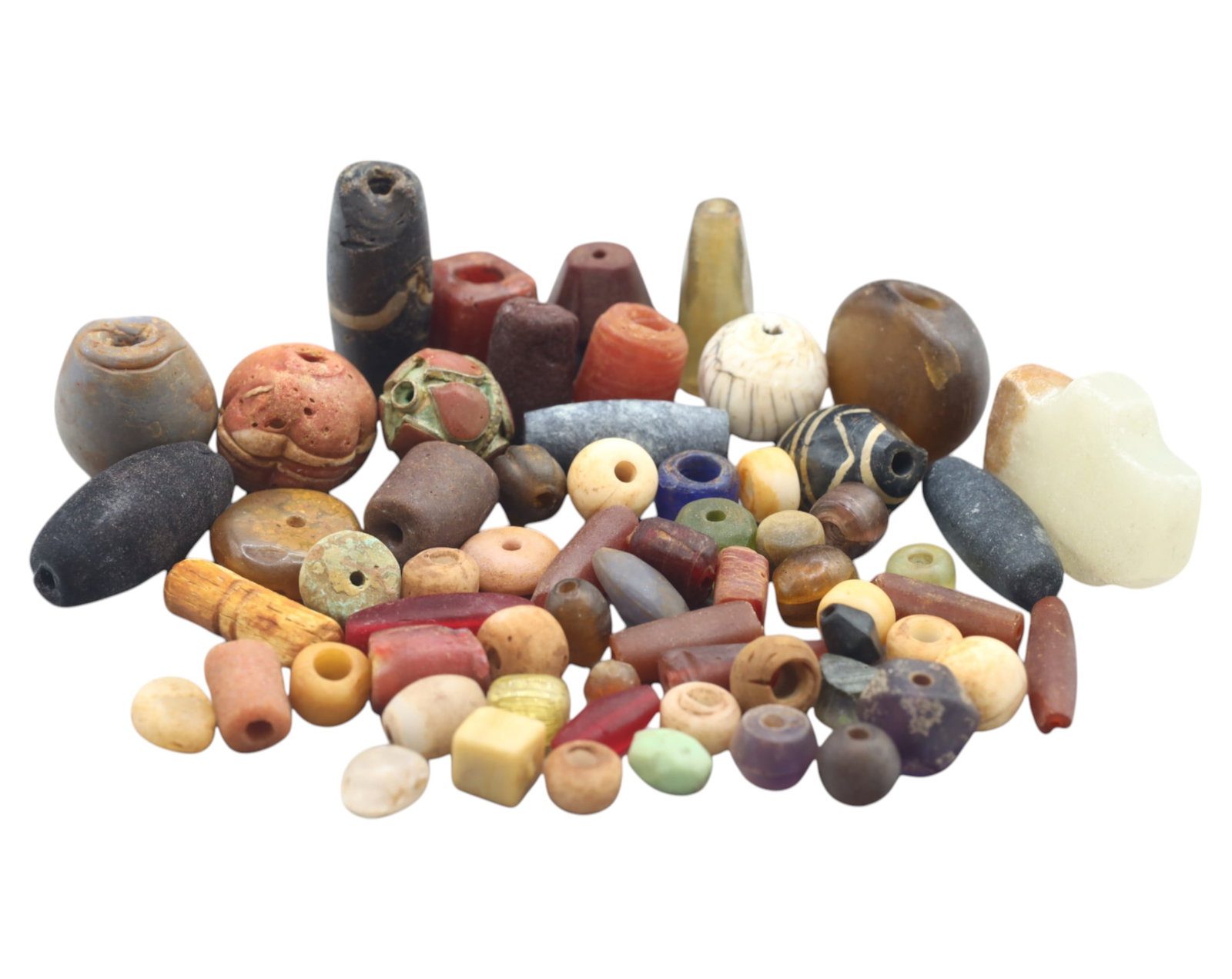 MEDITERRANEAN/AFRICA: Antique Mixed Glass & Stone Beads - 143g, 0.5-3cm, 18th-19th Century: A striking collection of antique trade beads, totaling 143 grams and ranging from 0.5 to 3 cm in size. This assortment features a diverse mix of glass, stone, and faience beads, showcasing rich earthy