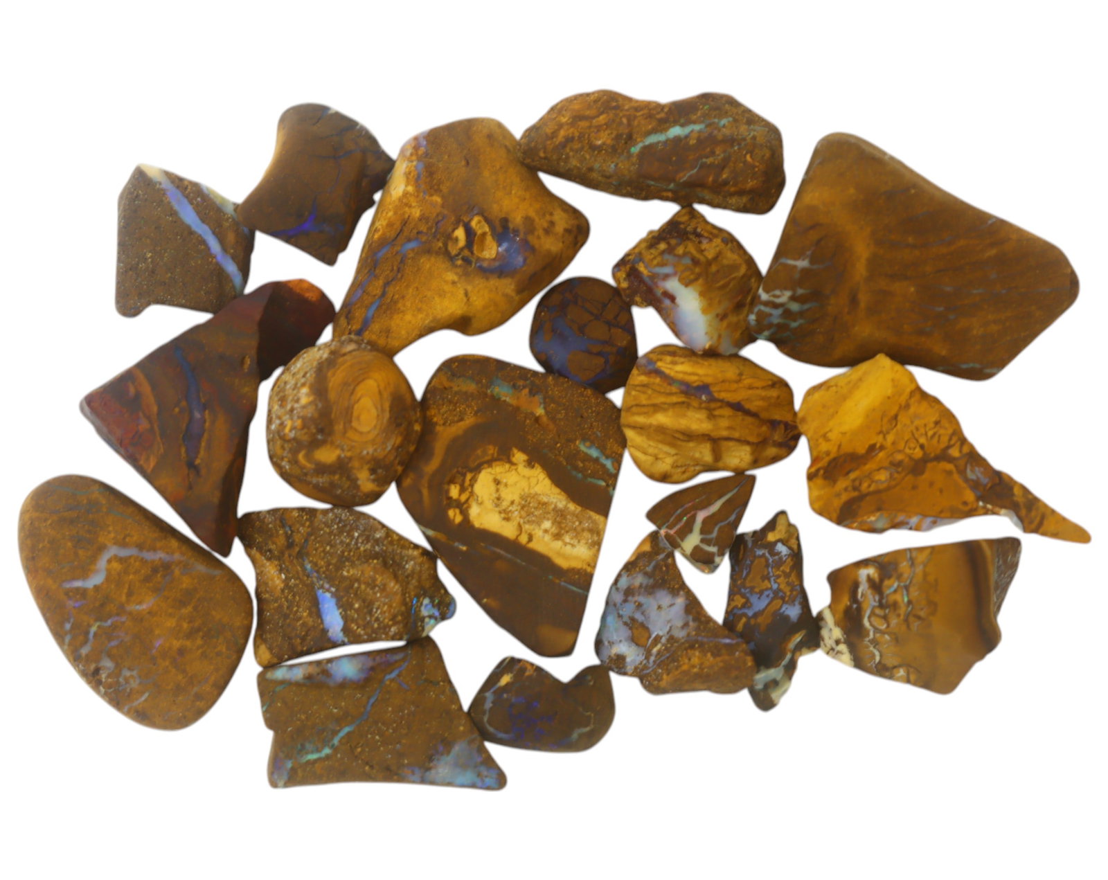 AUSTRALIA: Matrix Boulder Opal Rough Lot, 54g, 1-2.6 cm (Images Taken Wet): Stunning lot of natural Australian matrix boulder opal rough, these specimens showcase a vibrant interplay of opalized veins and swirls embedded in rich ironstone, displaying flashes of electric blues