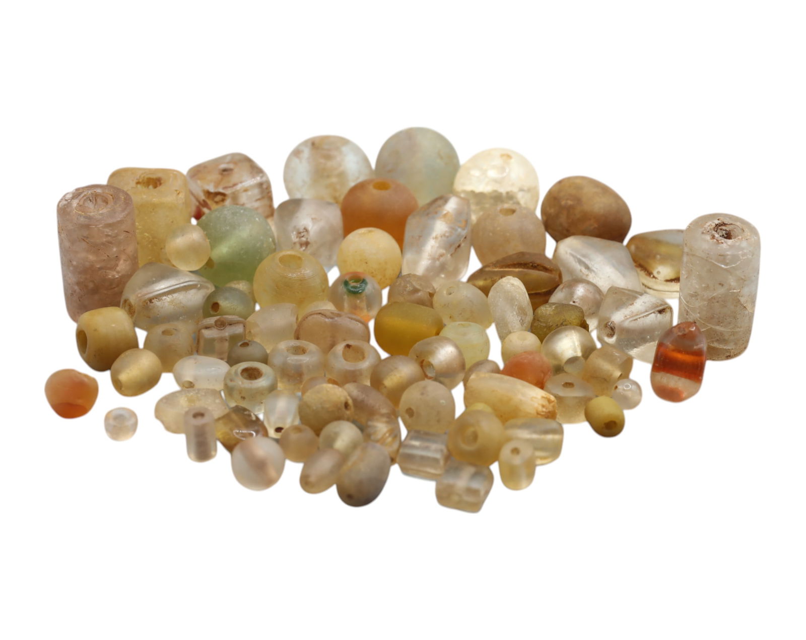 MEDITERRANEAN/NEAR EAST: Antique Glass Beads - 90g, 0.5-2cm: A fascinating collection of antique glass beads, weighing 90 grams and ranging from 0.5 to 2 cm in size, likely originating from the Mediterranean or Near Eastern regions. These beads display a delica