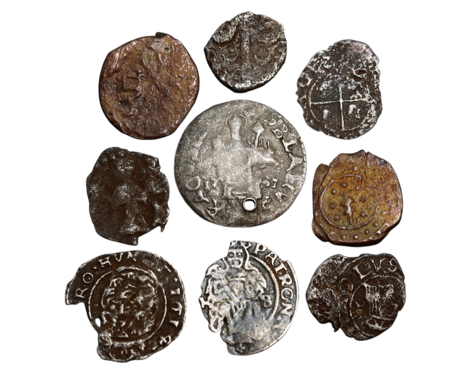 EUROPE: Mixed Medieval & Early Modern Hammered Coin Lot - 9 Pieces, 10-16mm, 3.5g: An intriguing assortment of 9 hammered coins, spanning different European territories and rulers, each bearing the marks of history. Ranging from 10-16mm and with a combined weight of 3.5g, these coin