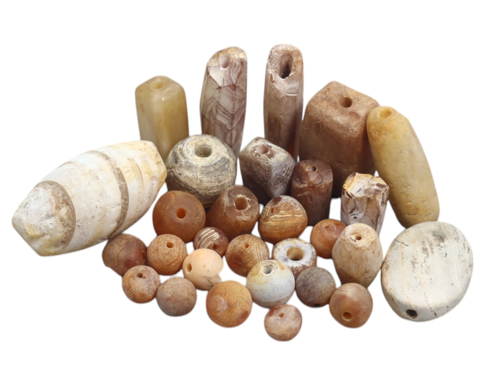 ANCIENT: Agate & Carnelian Beads - 10-35mm, 79g: A diverse selection of ancient agate and carnelian beads, showcasing an array of earthy hues, intricate natural banding, and aged patina. These beads, ranging from 10mm to 35mm, exhibit varying shapes