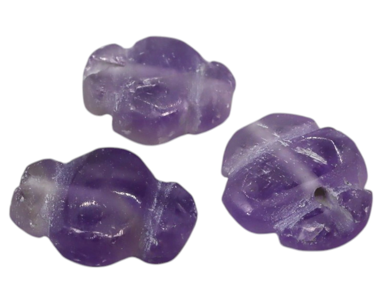 ANCIENT INDIA: Collared Amethyst Beads - 3-Piece Set, 8-10mm, 1.2g, ca. 1st Millennium BCE: A captivating trio of ancient Indian amethyst beads, expertly hand-carved with collared detailing. These small yet exquisite beads, measuring between 8-10mm and weighing a combined 1.2g, exhibit the r
