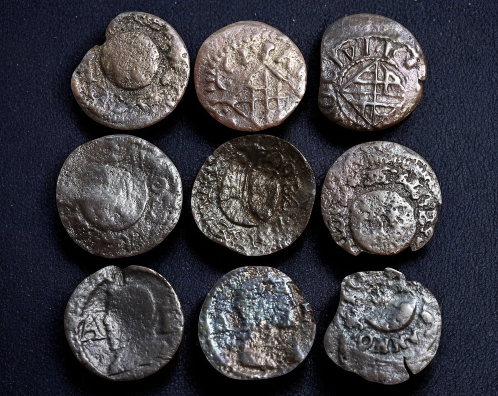CATALONIA: Ardite Coins Collection - 9pcs, 14-17mm, 6.3g Total: A diverse collection of 9 Ardite coins from the Principality of Catalonia, spanning different rulers and periods within the Libra currency system. These small copper and billon coins were widely used 