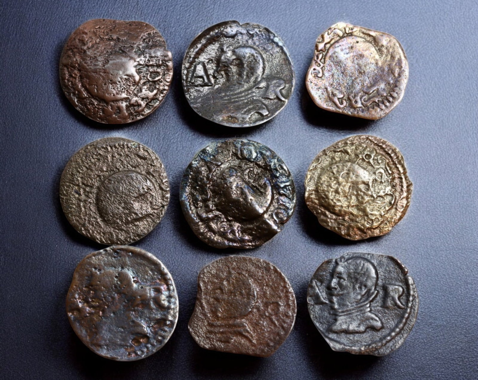 CATALONIA: Ardite Coins Collection - 9pcs, 13-16mm, 5.3g Total: A diverse collection of 9 Ardite coins from the Principality of Catalonia, spanning different rulers and periods within the Libra currency system. These small copper and billon coins were widely used 