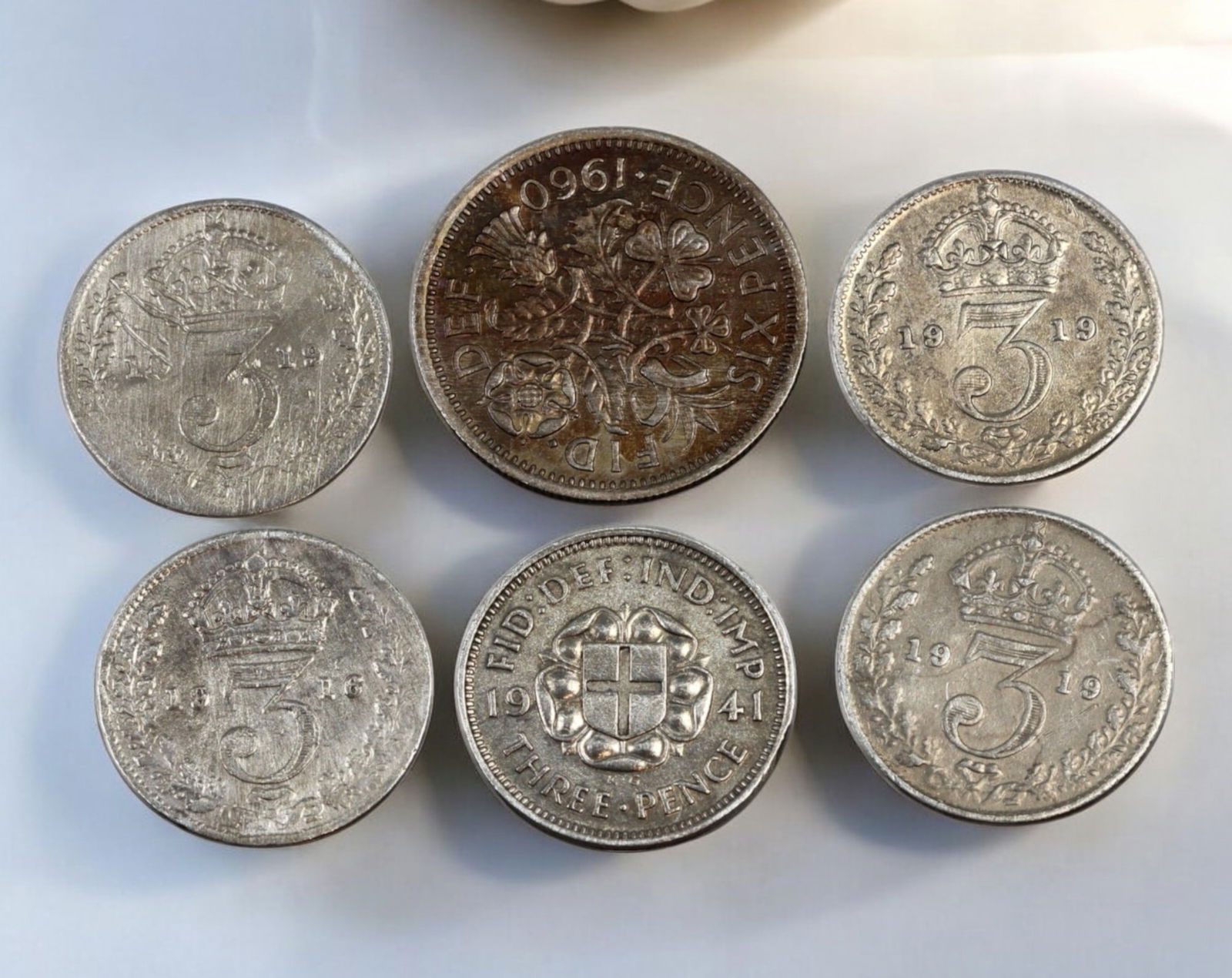 GREAT BRITAIN: Six Coin Silver & Nickel Mix - Threepence Coin & Sixpence Coin, 1916-1961 (1 of 3)