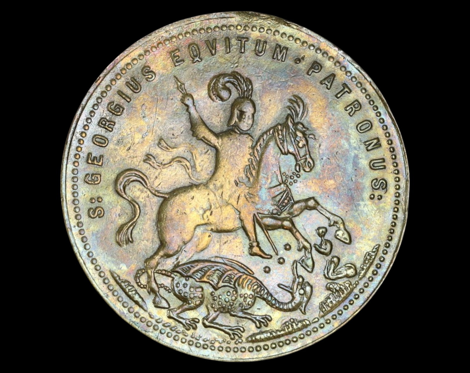 SAINT GEORGE MEDAL - Silvered Brass, 3cm, 19th-20th Century: A finely detailed silvered brass medal, measuring 3 cm in diameter and weighing 6.7g, featuring the dynamic image of Saint George slaying the dragon, a symbol of courage, faith, and divine triumph ove
