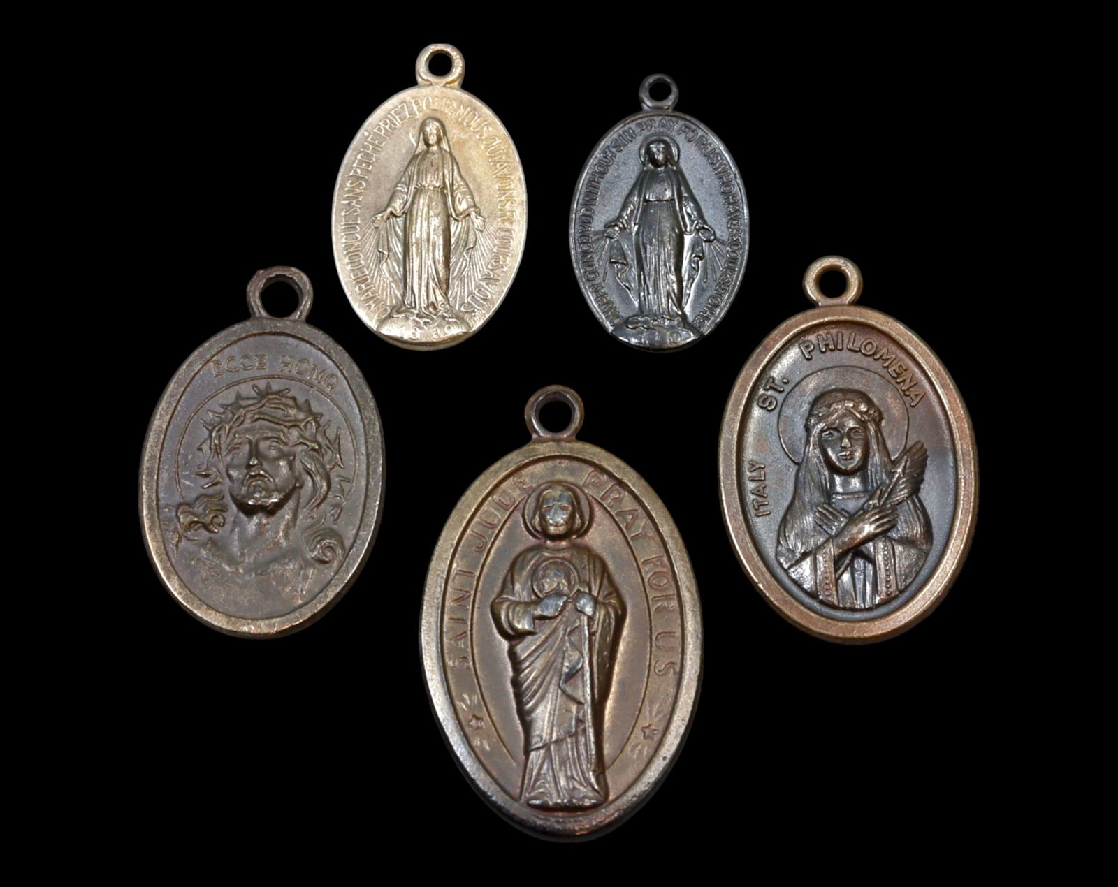 RELIGIOUS MEDALS - St. Philomena, St. Jude, Ecce Homo & Miraculous Medals, 5pcs, 19th-20th Century (1 of 3)