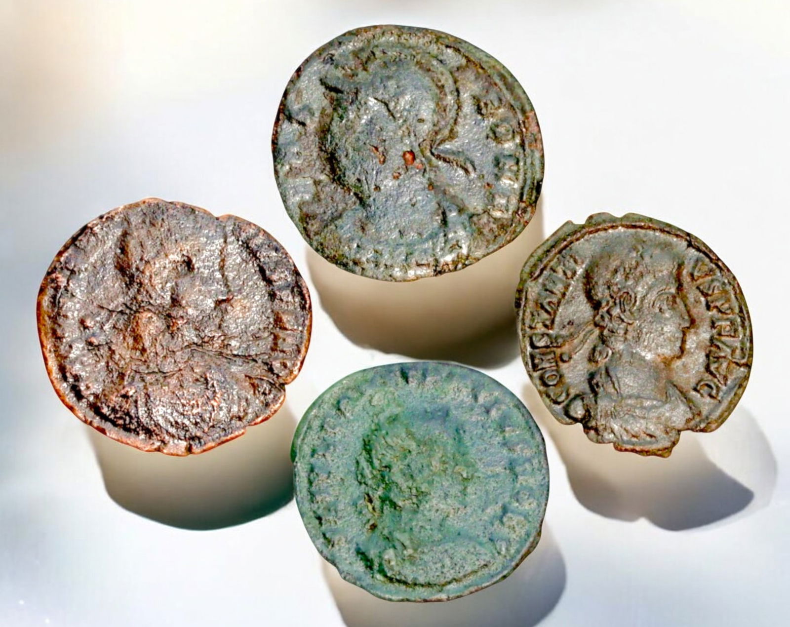 ROMAN EMPIRE: AE Coins ? Bronze Coins, 17-18mm, 7.2g (Lot of 4): A collection of four ancient Roman bronze coins, each featuring a distinct imperial portrait on the obverse and various symbolic or military-themed reverses. These coins, essential to Roman commerce a