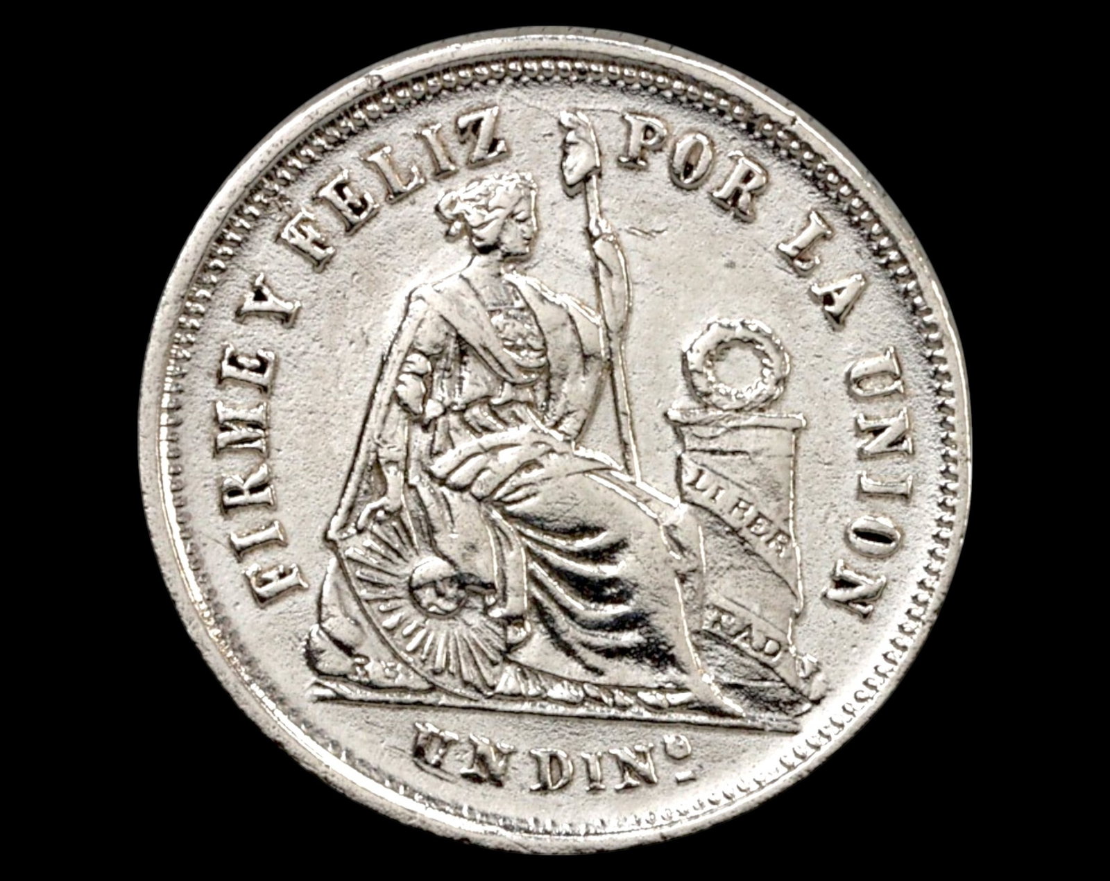 PERU: Republic of Peru - 1/2 Dinero, 1870, Silver Coin: A 1/2 Dinero coin from 1870, minted in Lima, Peru, during the early years of the Peruvian Republic. The obverse features the seated allegorical figure of Liberty, holding a staff crowned with a Phrygi