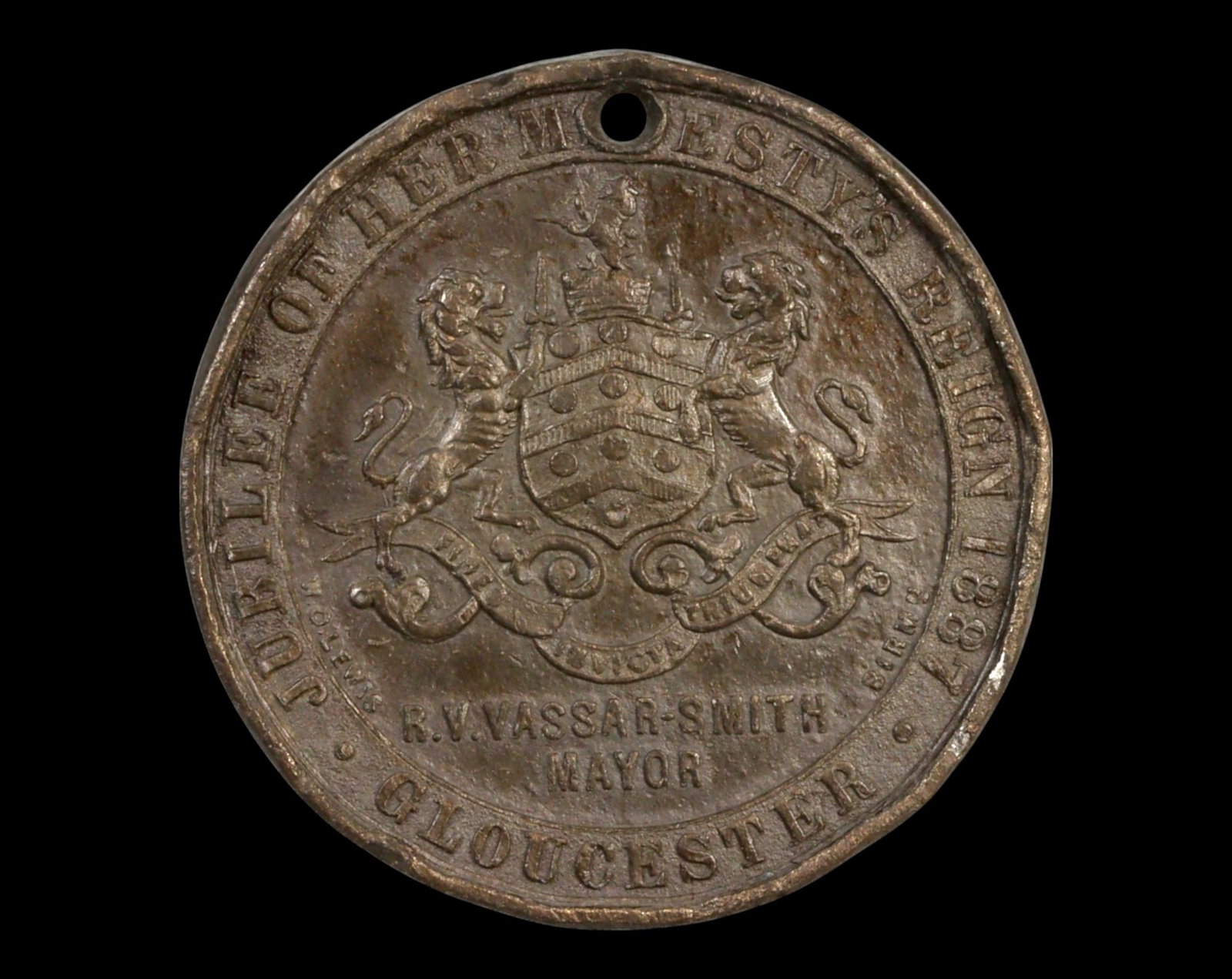 UNITED KINGDOM: Queen Victoria Golden Jubilee Medal Coin - Bronze, Gloucester, 1887: A Commemorative Coin bronze medal celebrating the Golden Jubilee of Queen Victoria in 1887, issued in Gloucester. Measuring 39.5mm in diameter and weighing 17.4g, this finely struck piece features a l