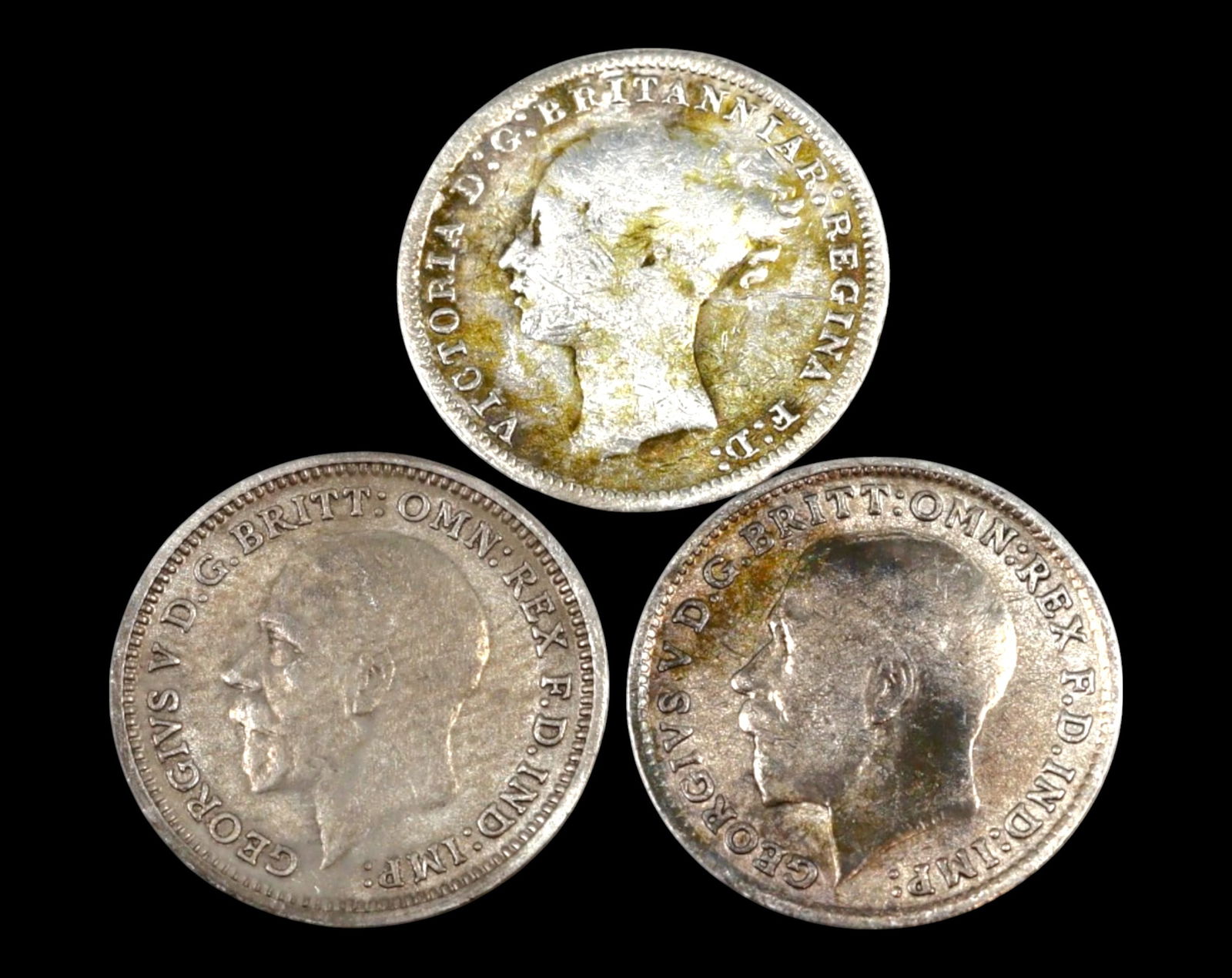 UNITED KINGDOM: Lot of Three Silver Threepence Coin Coins - 1878, 1918, 1935, 16mm, 4g Total (1 of 3)