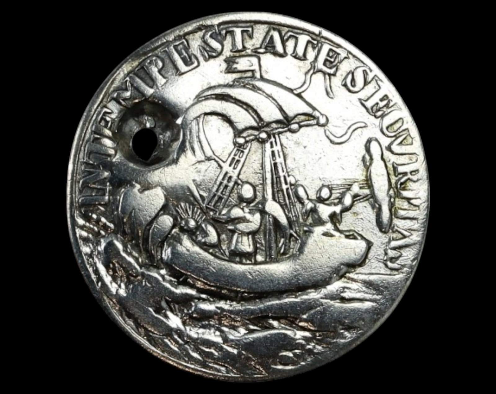 GERMANY: St. George & Ship Silver Jeton Coin - 1.8cm, 2.3g, 18th-19th Century: A finely detailed silver jeton, measuring 1.8cm in diameter and weighing 2.3g, featuring St. George slaying the dragon on the obverse, encircled by the Latin inscription "GEORGIVS EQUITUM PATRONUS" (S