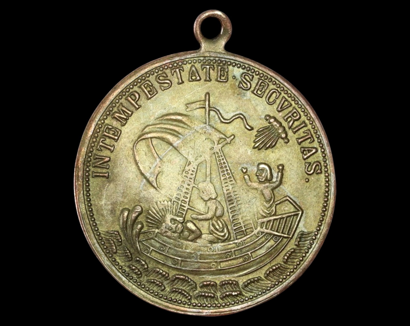 EUROPE: Saint George & Maritime Protection Medal Coin- Bronze Coin, 33x29mm, 4.6g: A beautifully detailed bronze religious medal, measuring 33x29mm and weighing 4.6g, featuring an integral loop for suspension. The obverse presents a striking maritime scene with a ship in distress, a